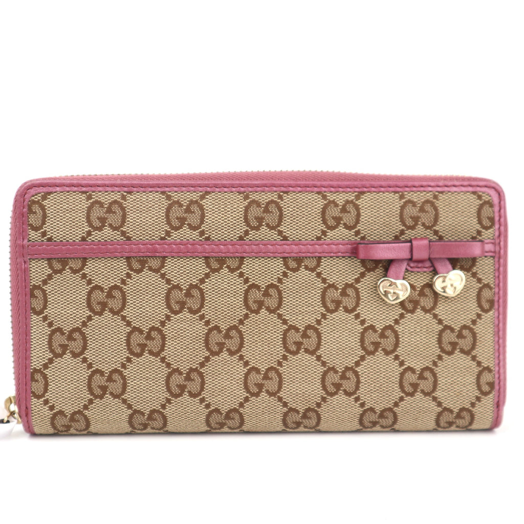 C2644 Gucci Wallet GG Canvas Wallet With Purple Leather Trim & Gold Heart Pink | Pre-Owned Excellent Pink GG monogram Canvas, Leather