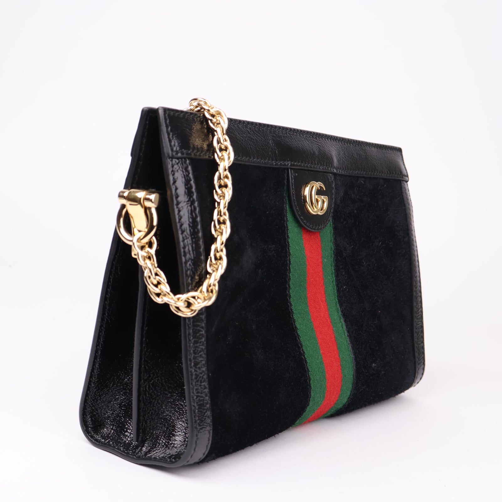 J1204 Gucci Black Suede and Patent Leather Medium Ophidia Chain- Pre Owned