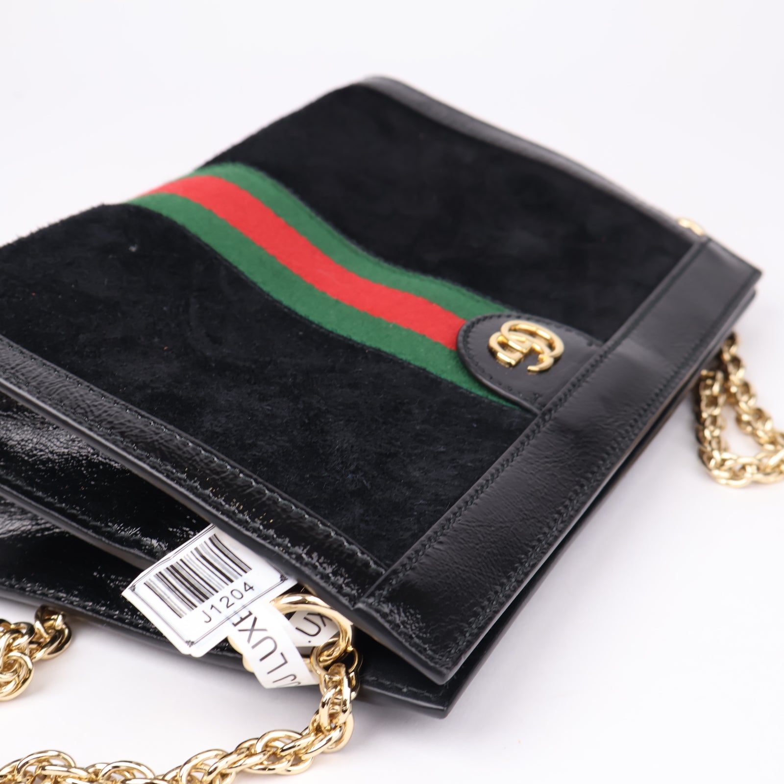 J1204 Gucci Black Suede and Patent Leather Medium Ophidia Chain- Pre Owned