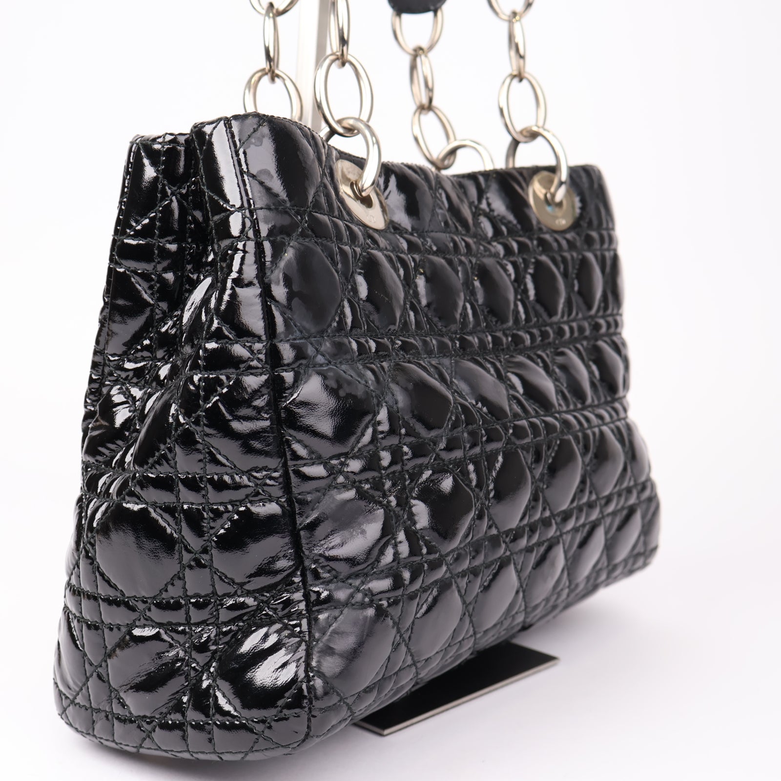 J1191 Christian Dior Black Cannage Quilted Patent Leather Bag- Pre Owned