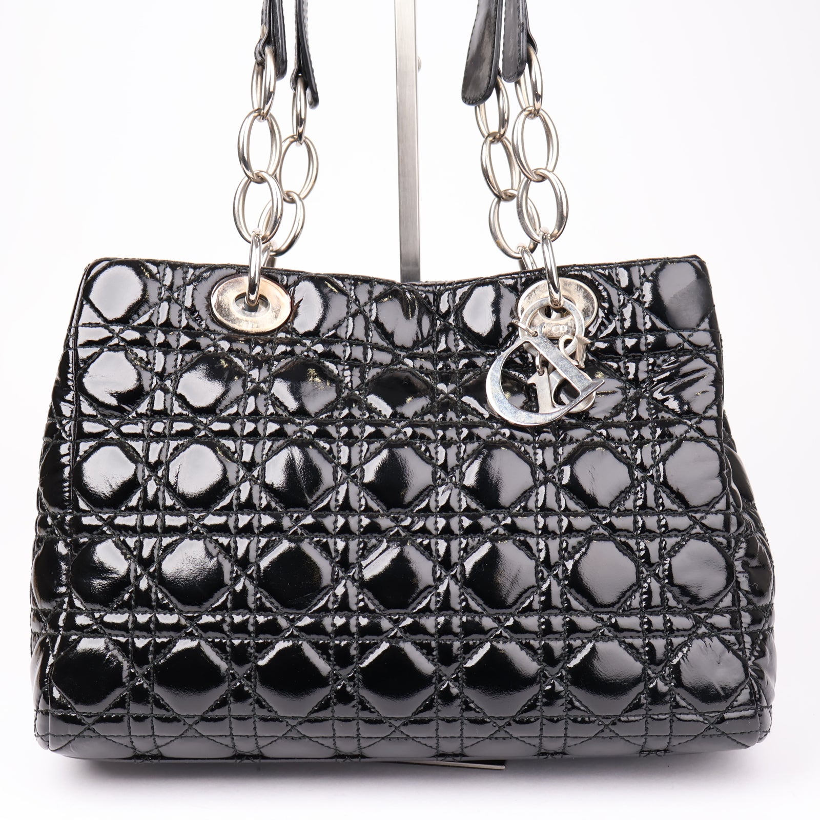 J1191 Christian Dior Black Cannage Quilted Patent Leather Bag- Pre Owned