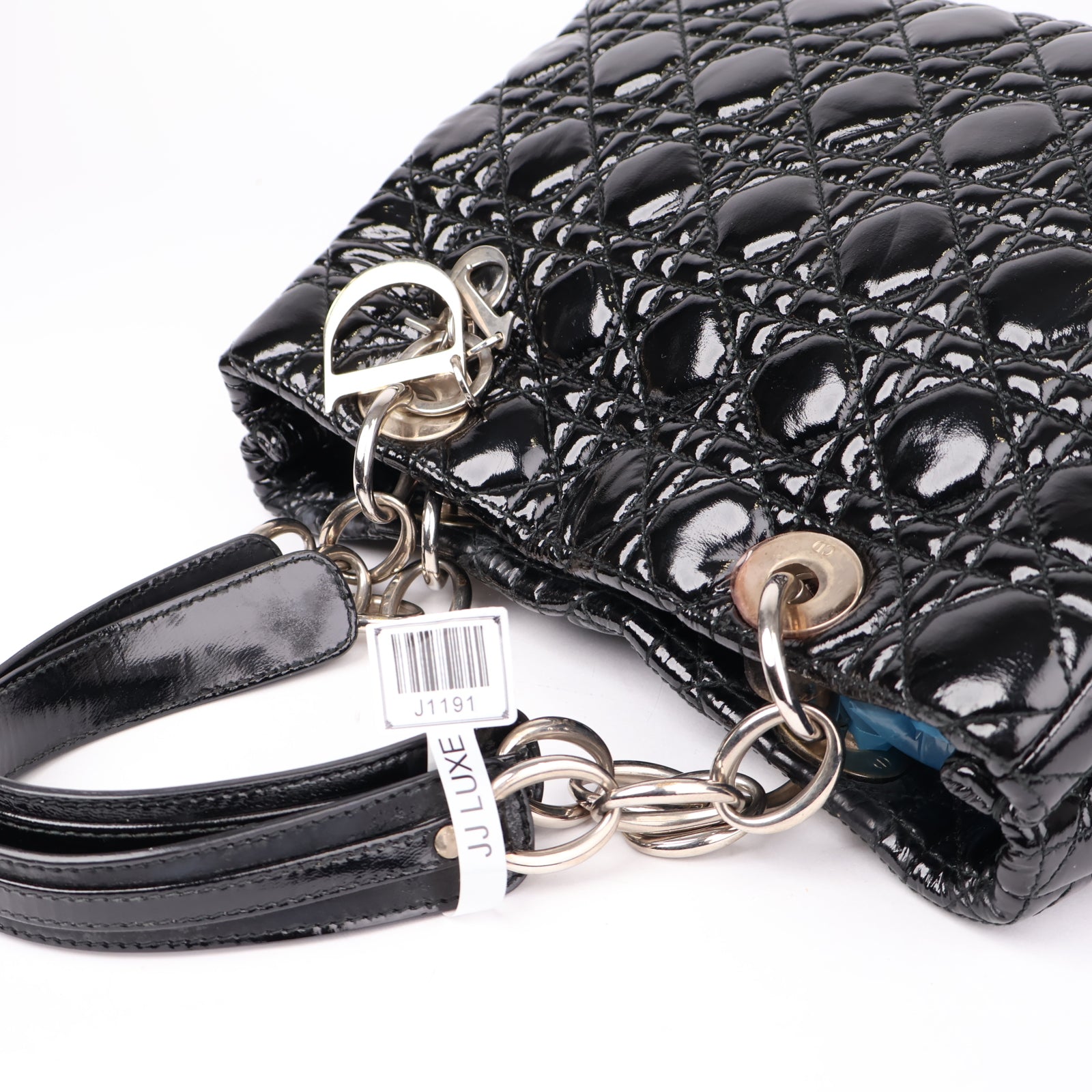 J1191 Christian Dior Black Cannage Quilted Patent Leather Bag- Pre Owned