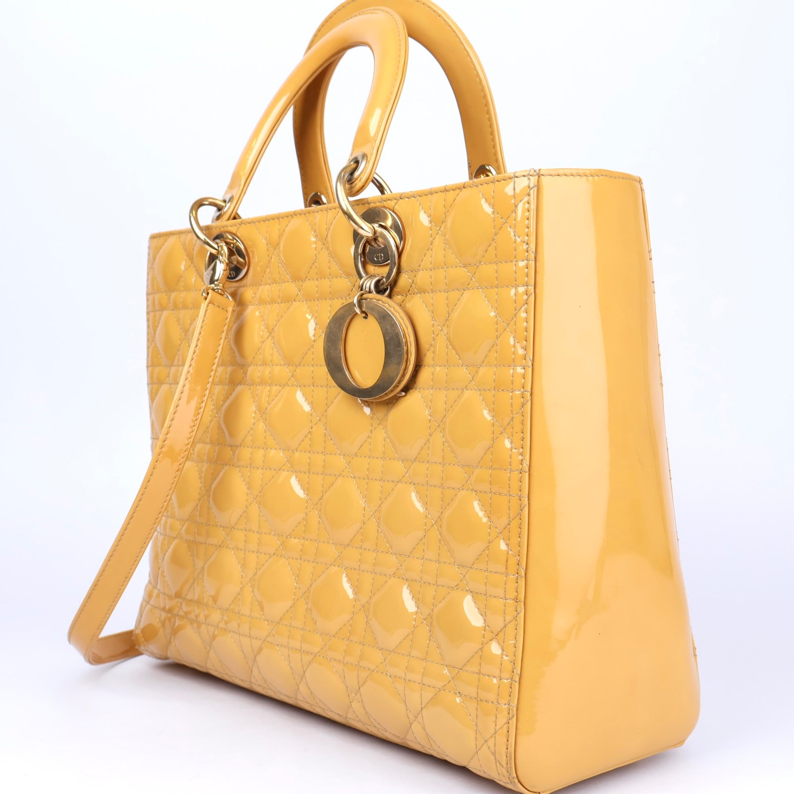 J1147 Dior Yellow Cannage Patent Leather Lady Dior Tote- Pre Owned