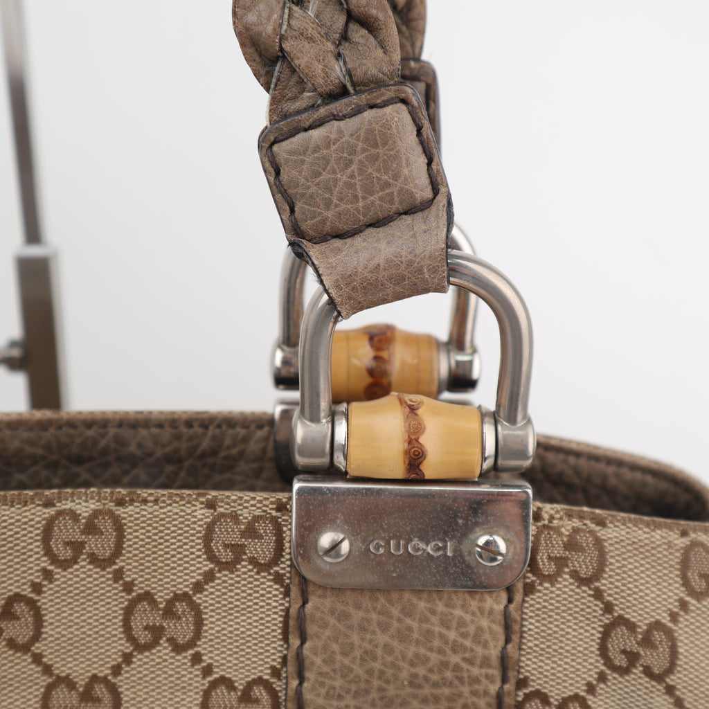 C2703 Gucci Tote Bag Medium GG Canvas Bamboo Libeccio tote bag | Pre-Owned Very Good Brown Canvas GG