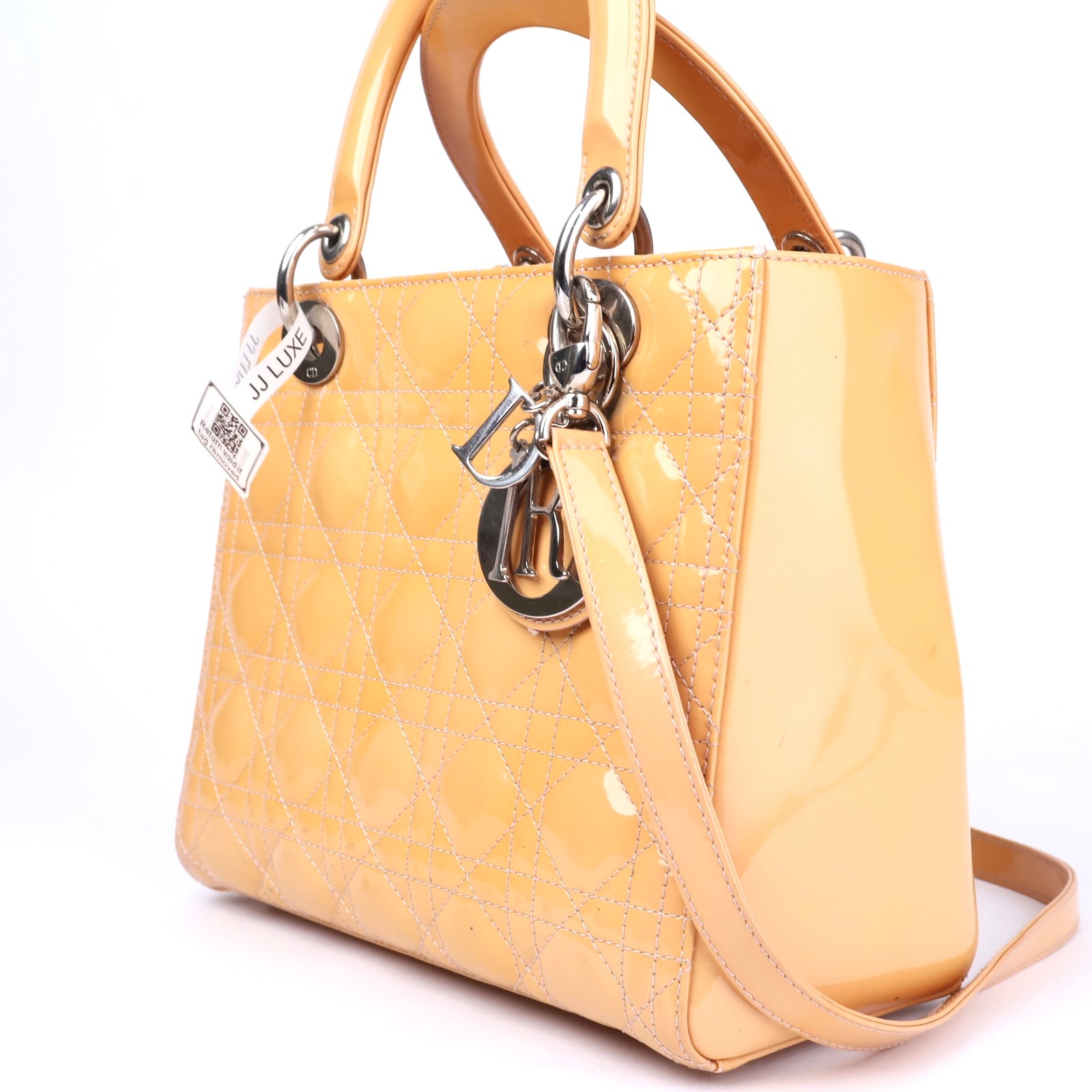 J1092 Christian Dior Beige Cannage Quilted Patent Leather Medium Bag- Pre Owned