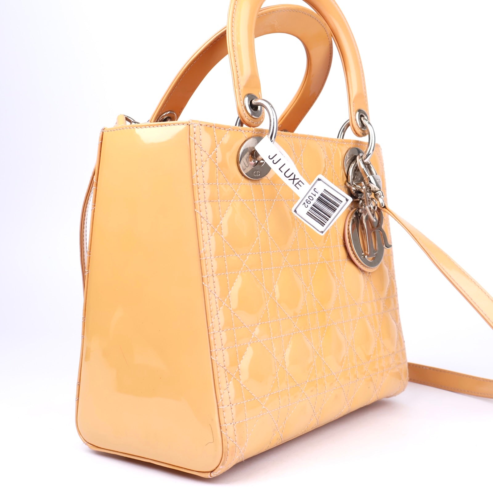 J1092 Christian Dior Beige Cannage Quilted Patent Leather Medium Bag- Pre Owned