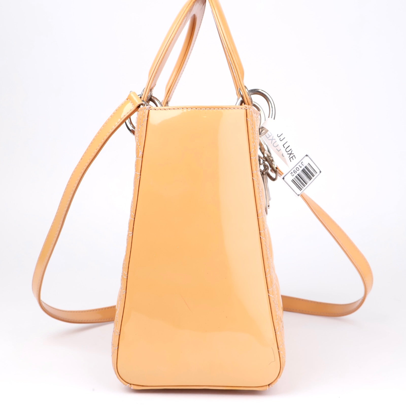 J1092 Christian Dior Beige Cannage Quilted Patent Leather Medium Bag- Pre Owned