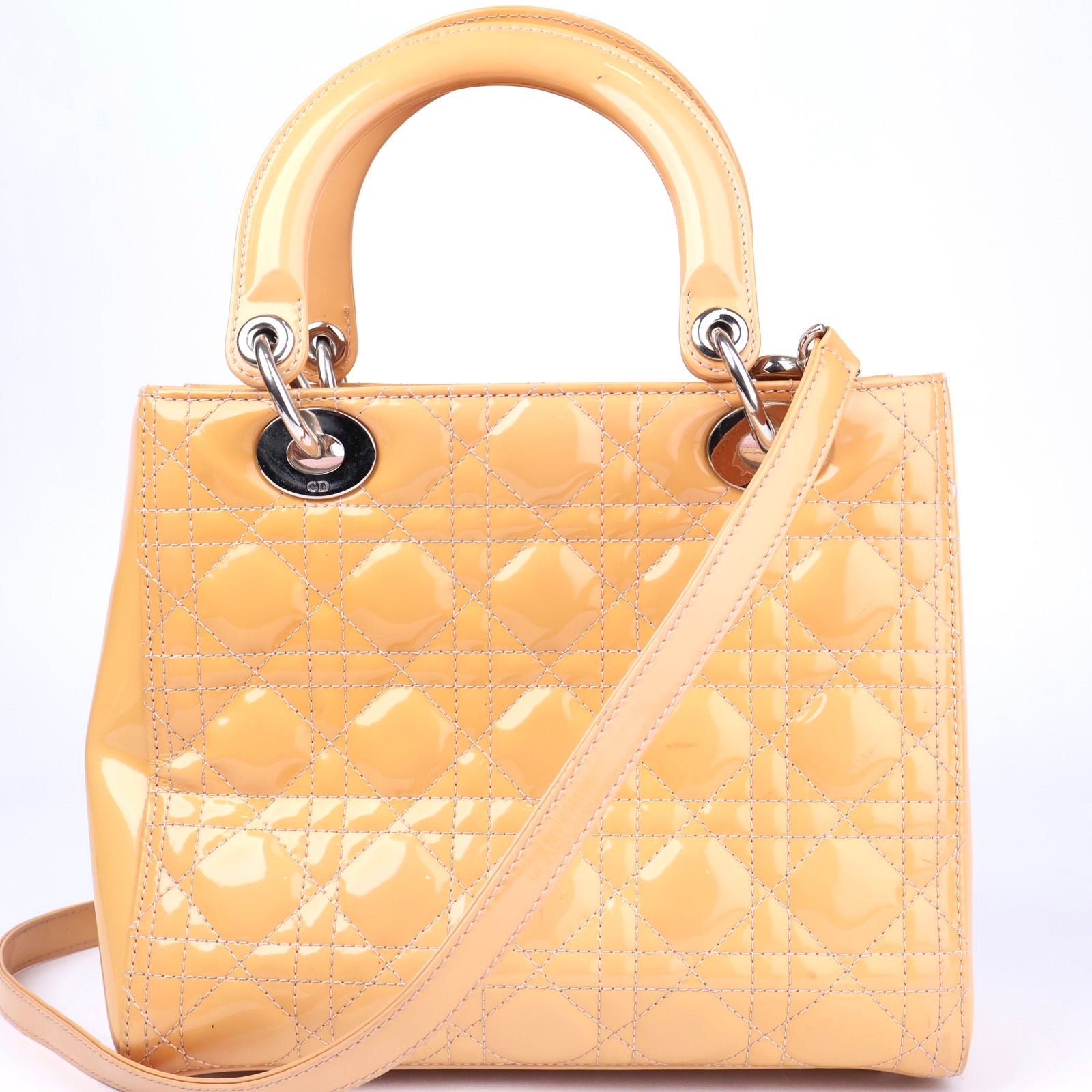 J1092 Christian Dior Beige Cannage Quilted Patent Leather Medium Bag- Pre Owned