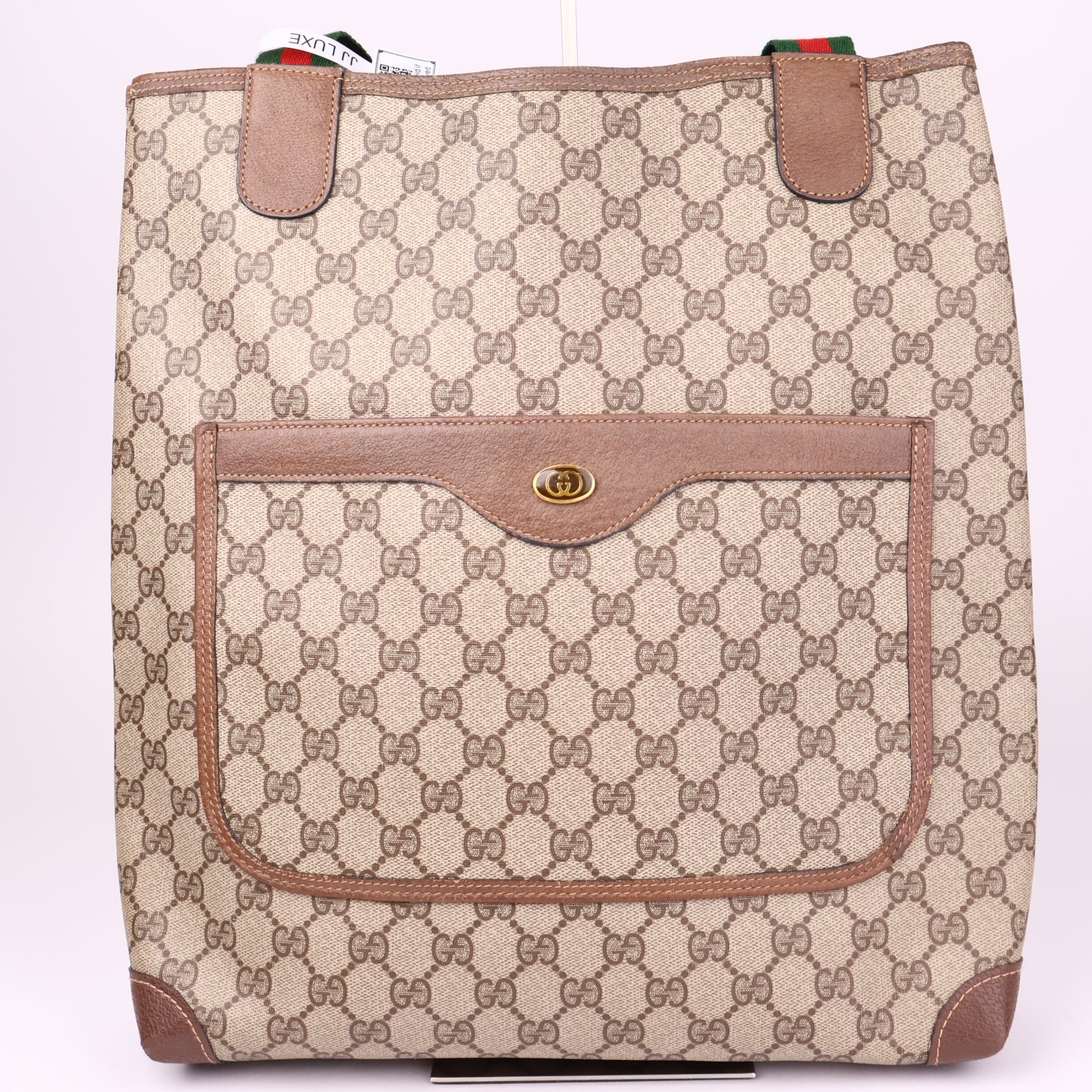 J1168 Gucci Web Stripe Sherry Line Coated Canvas Shoulder Tote Bag- Pre Owned