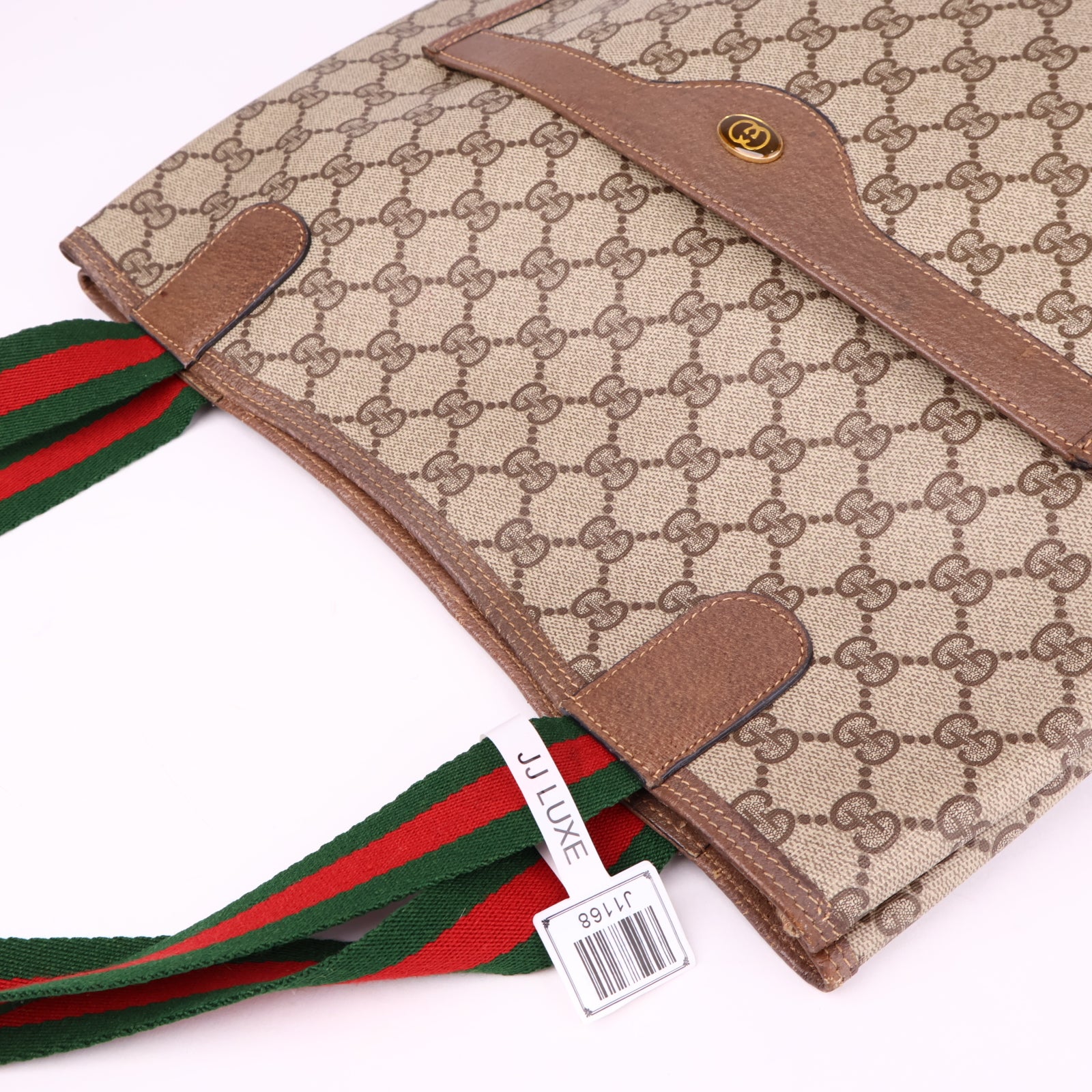 J1168 Gucci Web Stripe Sherry Line Coated Canvas Shoulder Tote Bag- Pre Owned