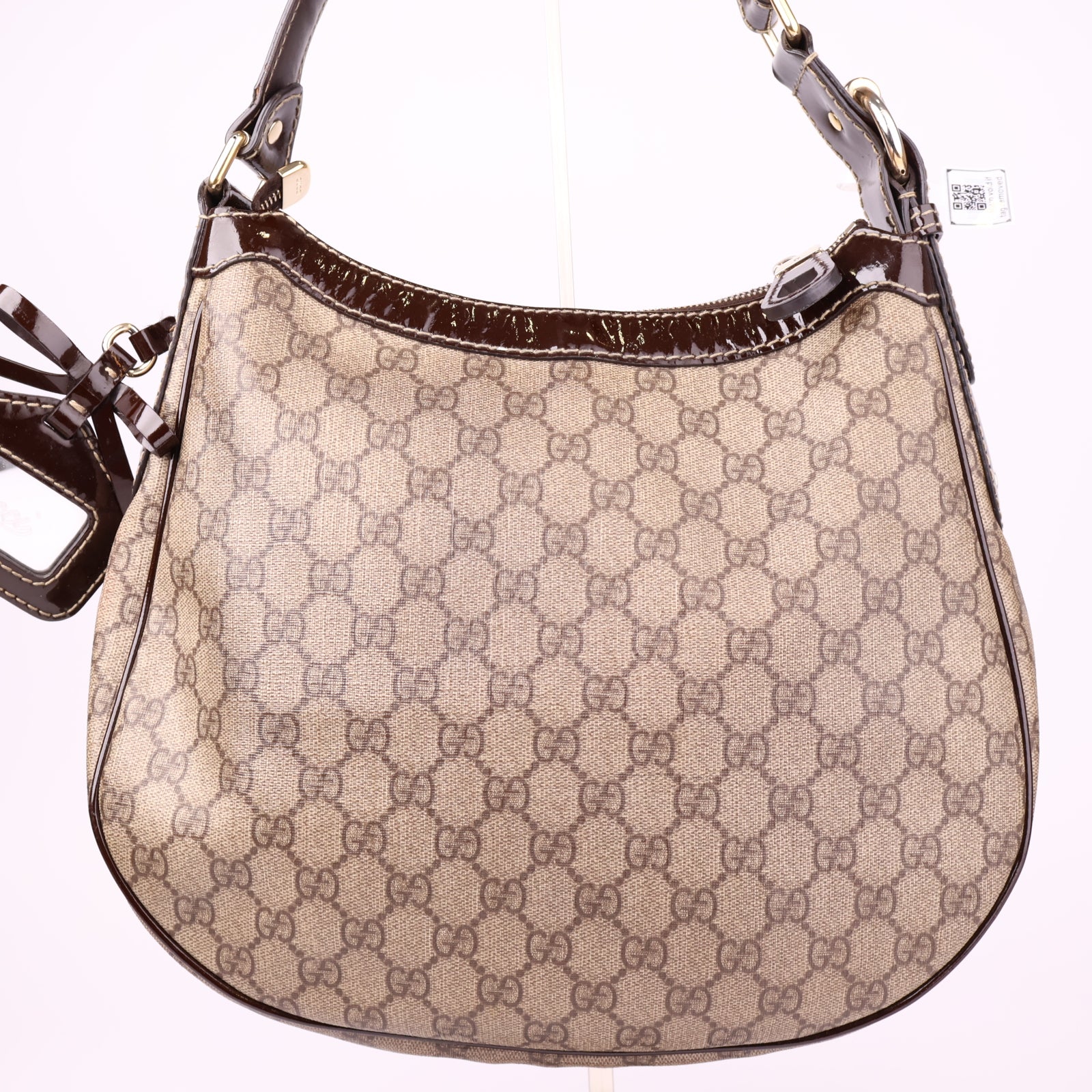 J1167 Gucci Brown GG Supreme Canvas and Patent Leather Hobo- Pre Owned