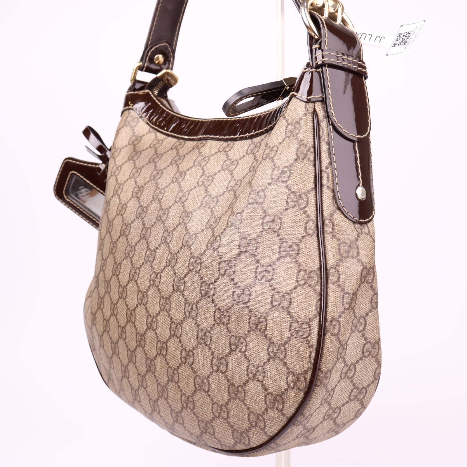 J1167 Gucci Brown GG Supreme Canvas and Patent Leather Hobo- Pre Owned