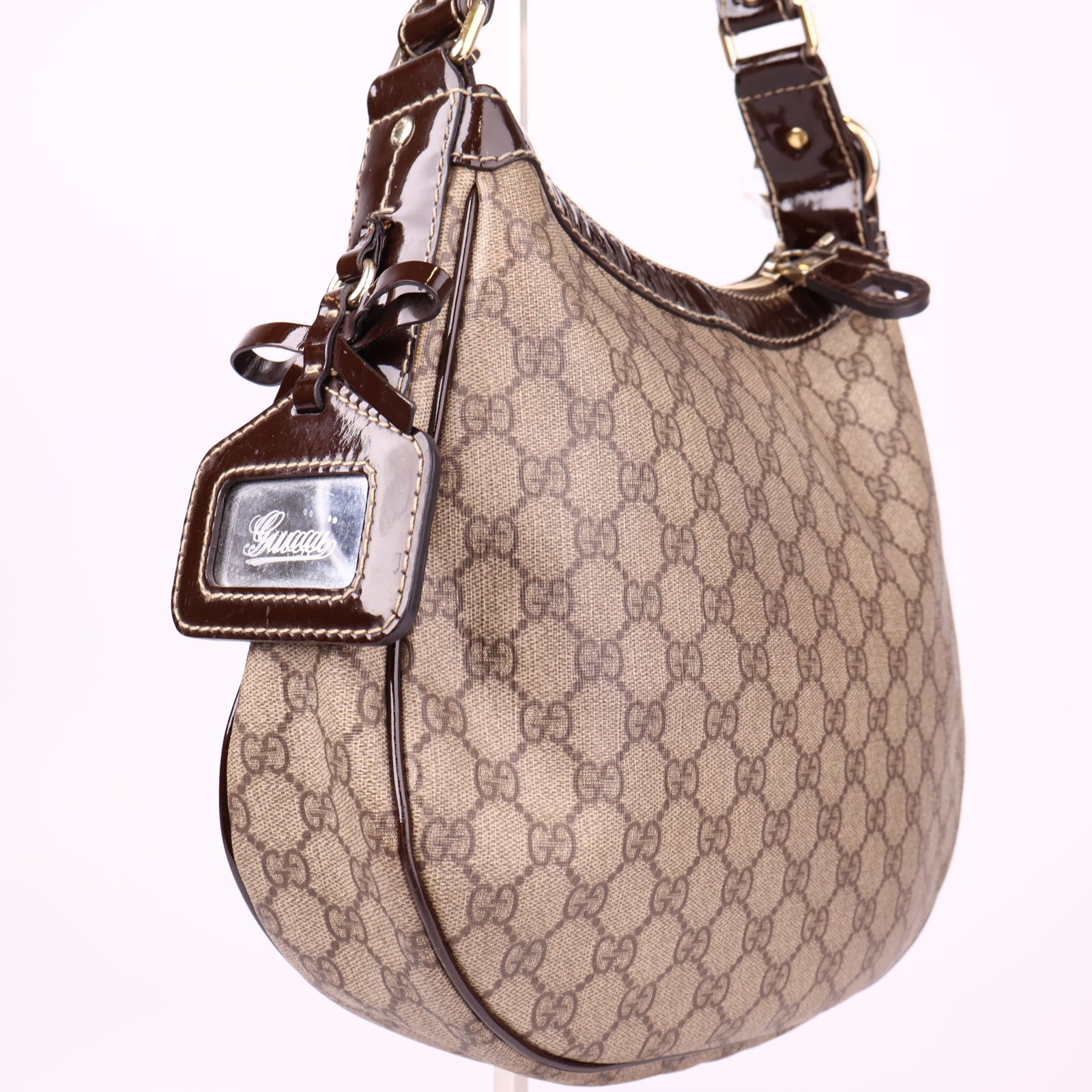 J1167 Gucci Brown GG Supreme Canvas and Patent Leather Hobo- Pre Owned