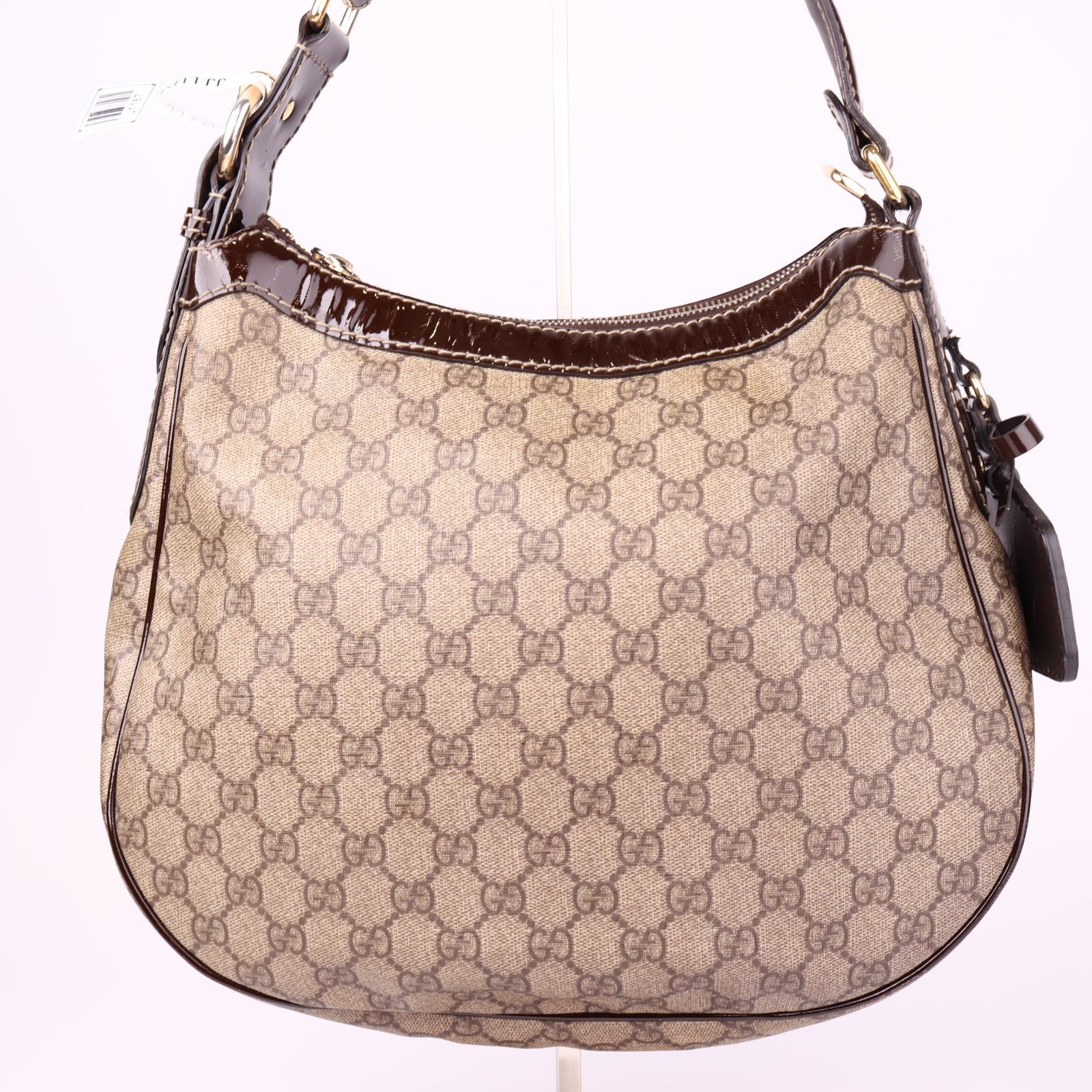 J1167 Gucci Brown GG Supreme Canvas and Patent Leather Hobo- Pre Owned