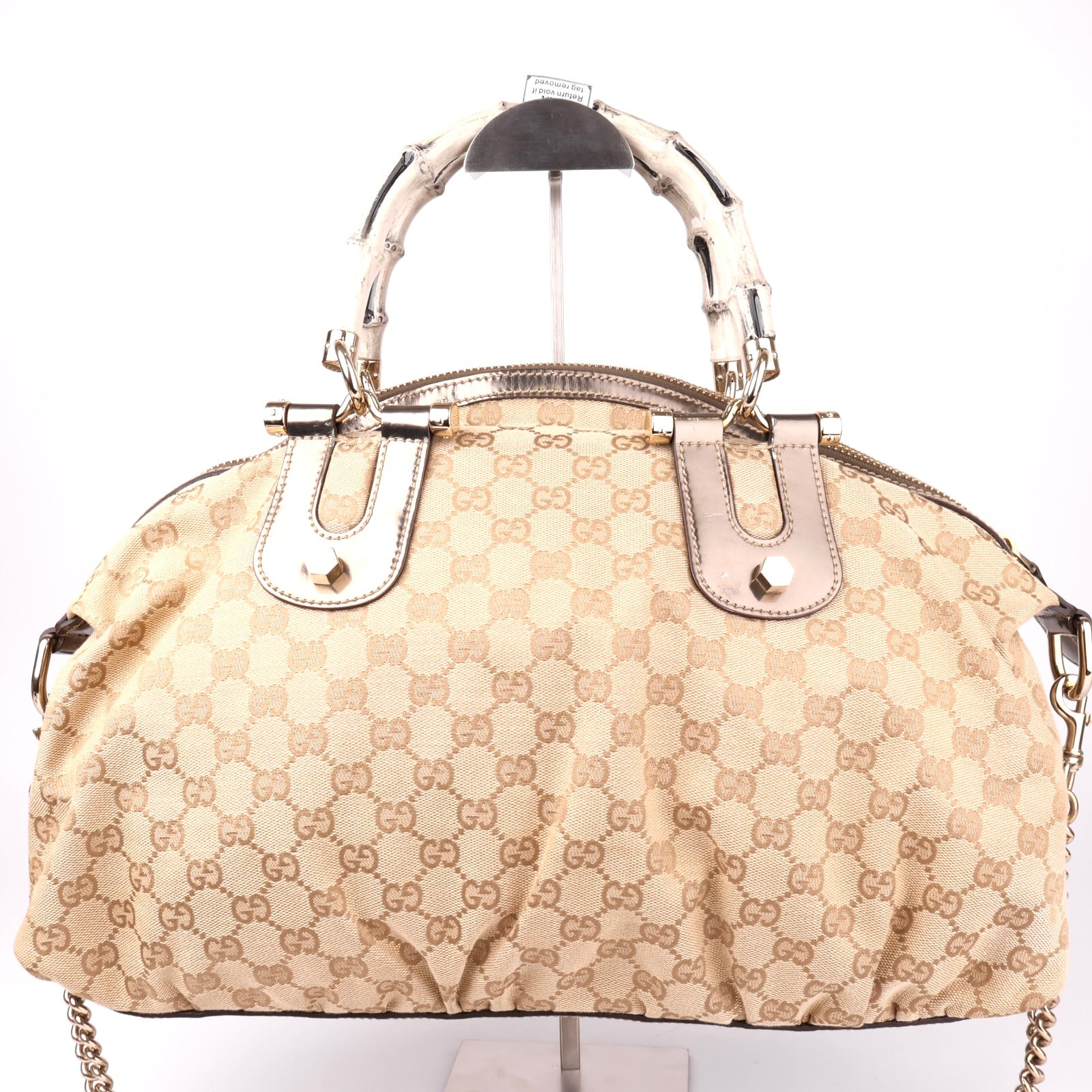 J1140 GUCCI Beige Monogram Bamboo Frame Satchel Cloth Handbag- Pre Owned