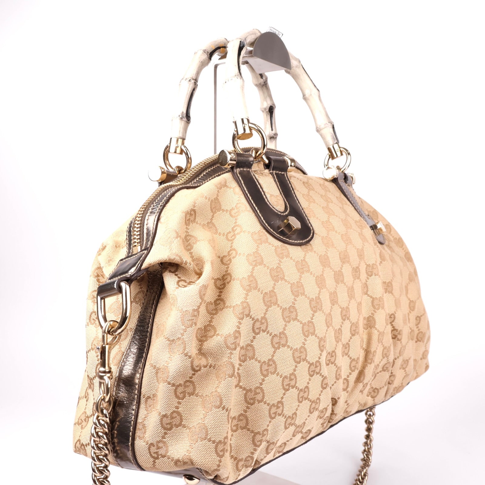 J1140 GUCCI Beige Monogram Bamboo Frame Satchel Cloth Handbag- Pre Owned