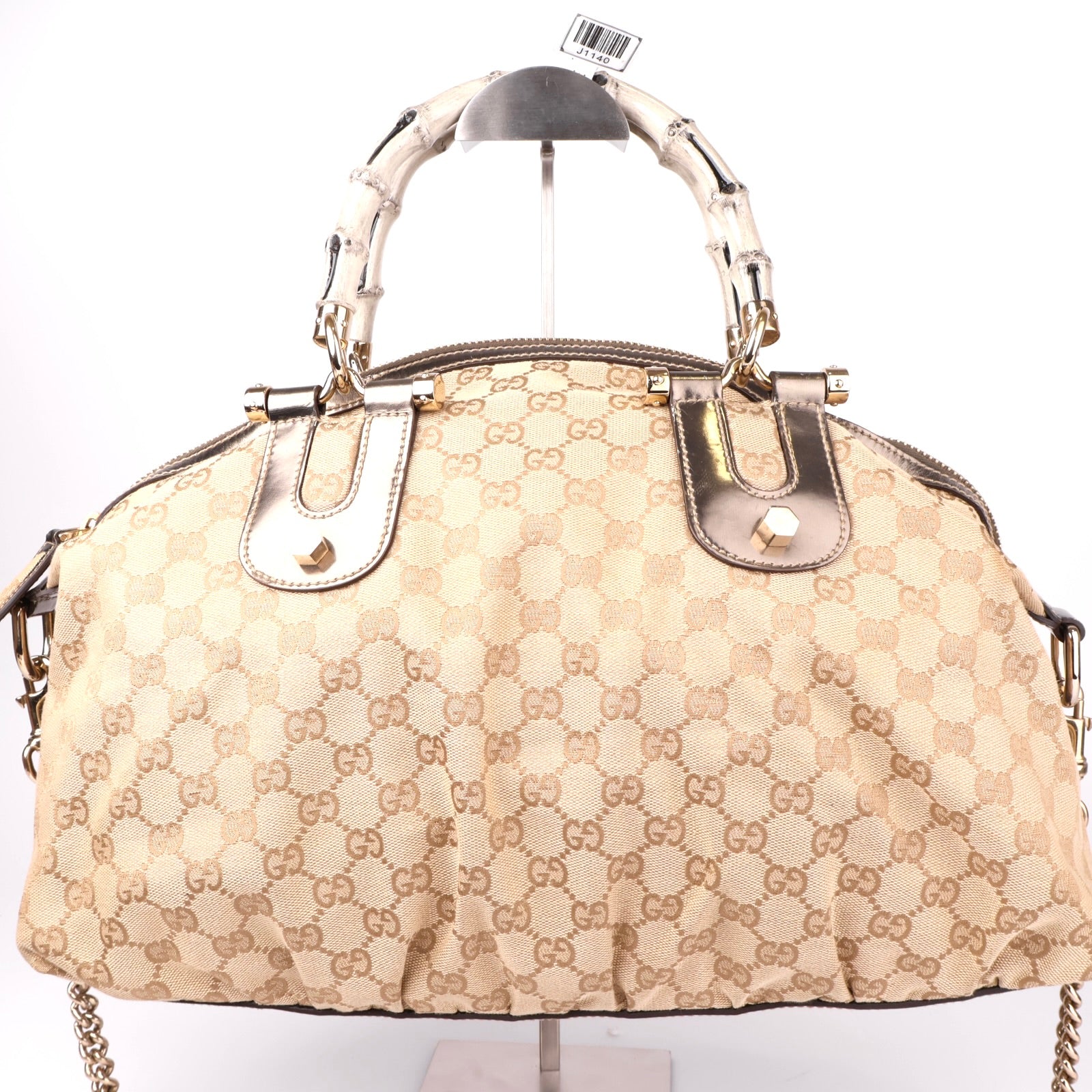 J1140 GUCCI Beige Monogram Bamboo Frame Satchel Cloth Handbag- Pre Owned