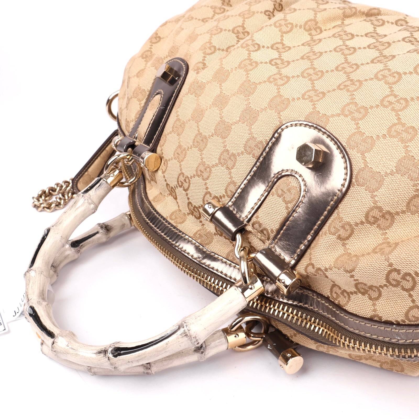 J1140 GUCCI Beige Monogram Bamboo Frame Satchel Cloth Handbag- Pre Owned