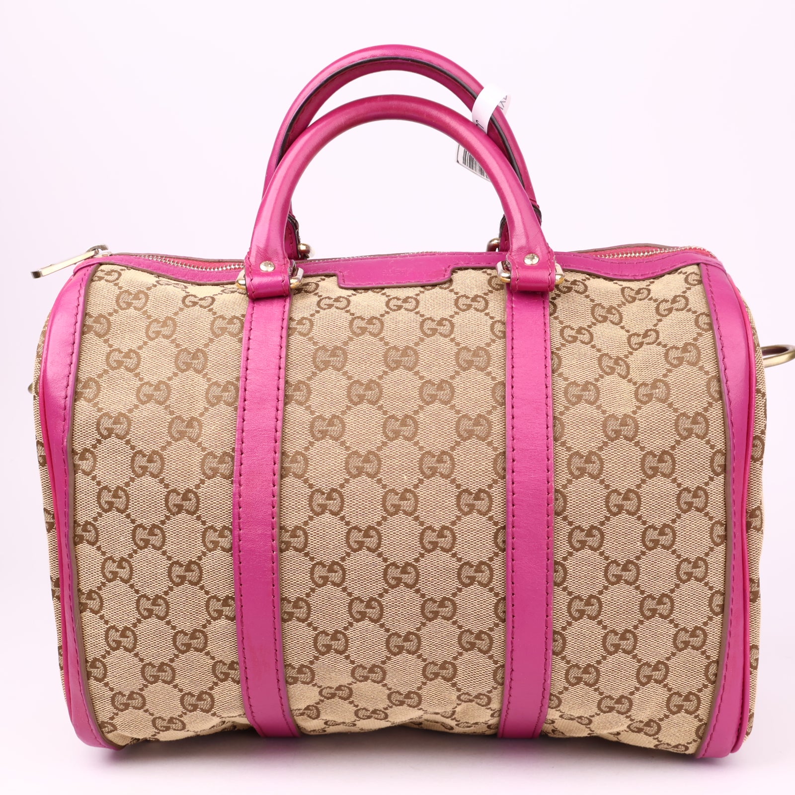 J1020 Gucci Boston Bag in Brown Canvas & Fuschia Leather- Pre Owned