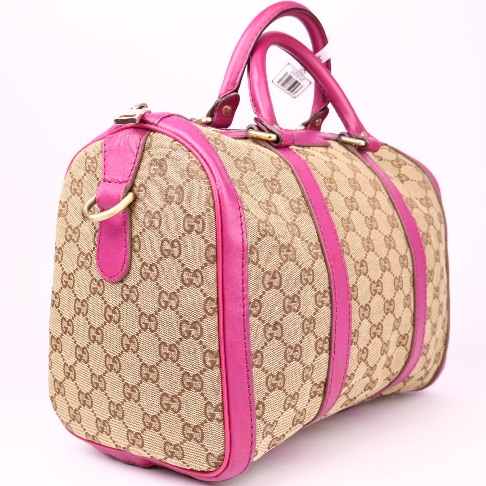 J1020 Gucci Boston Bag in Brown Canvas & Fuschia Leather- Pre Owned