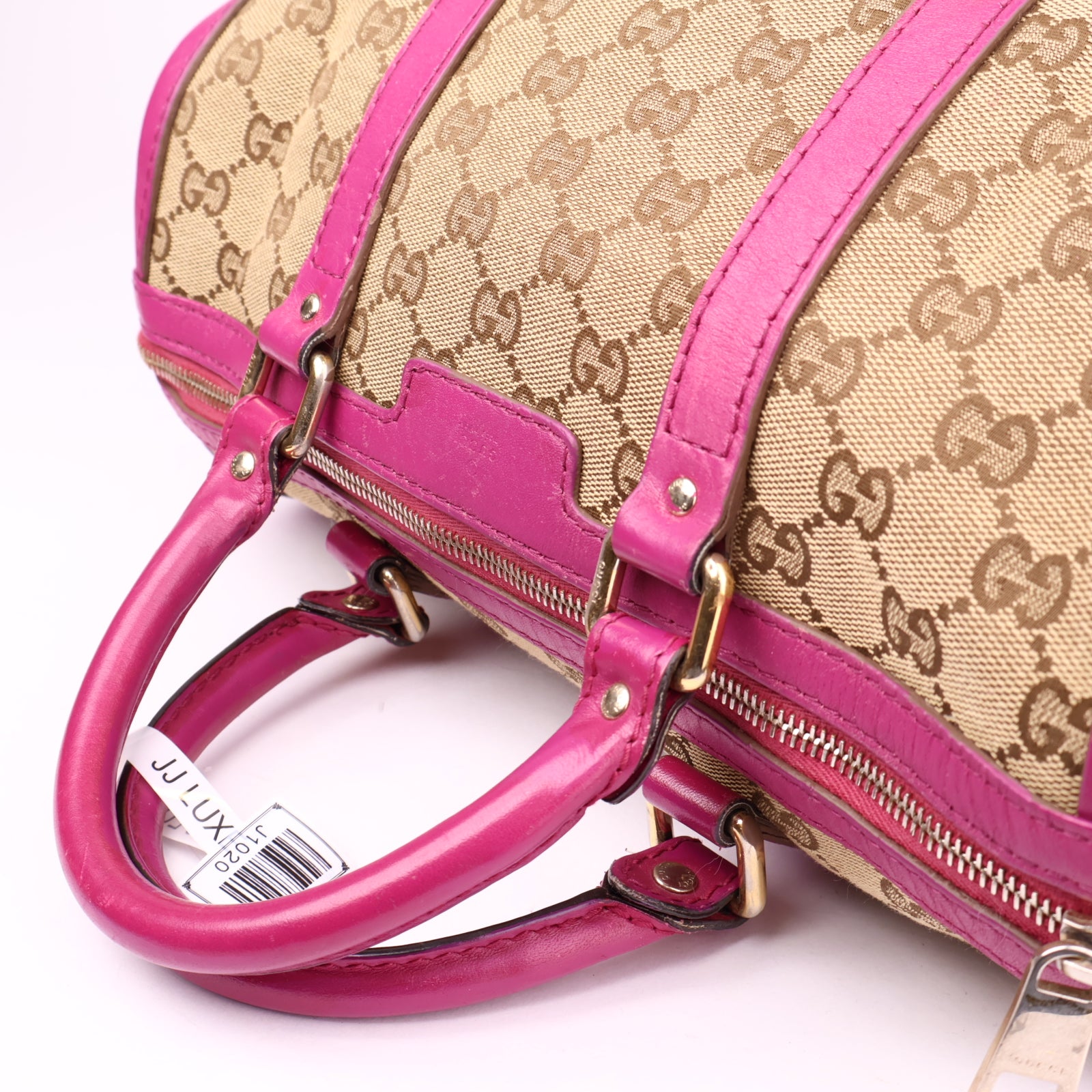 J1020 Gucci Boston Bag in Brown Canvas & Fuschia Leather- Pre Owned