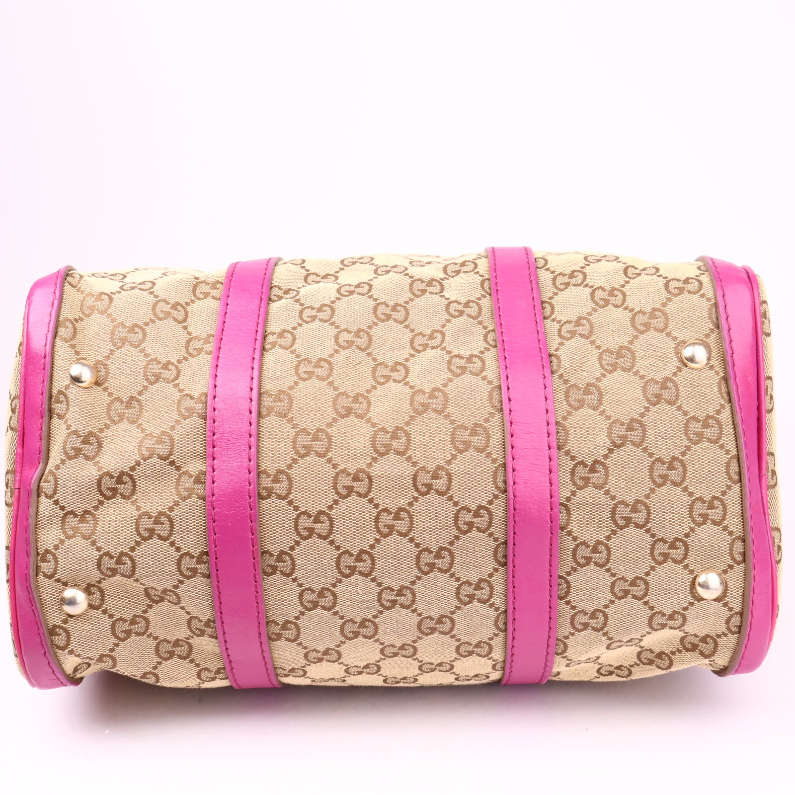 J1020 Gucci Boston Bag in Brown Canvas & Fuschia Leather- Pre Owned