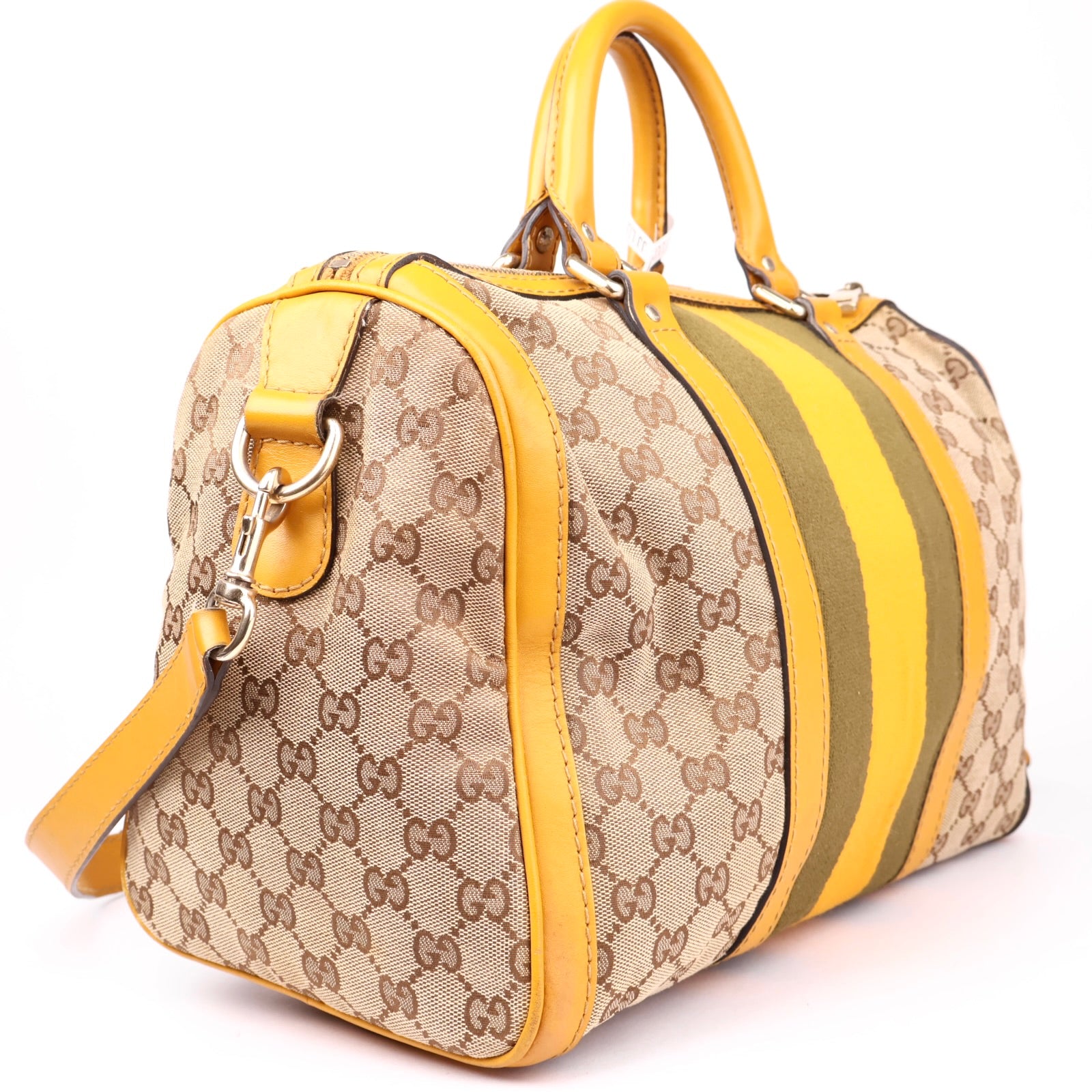 J1034 Gucci GG Canvas Sherry Line Boston Bag Beige Yellow- Pre Owned