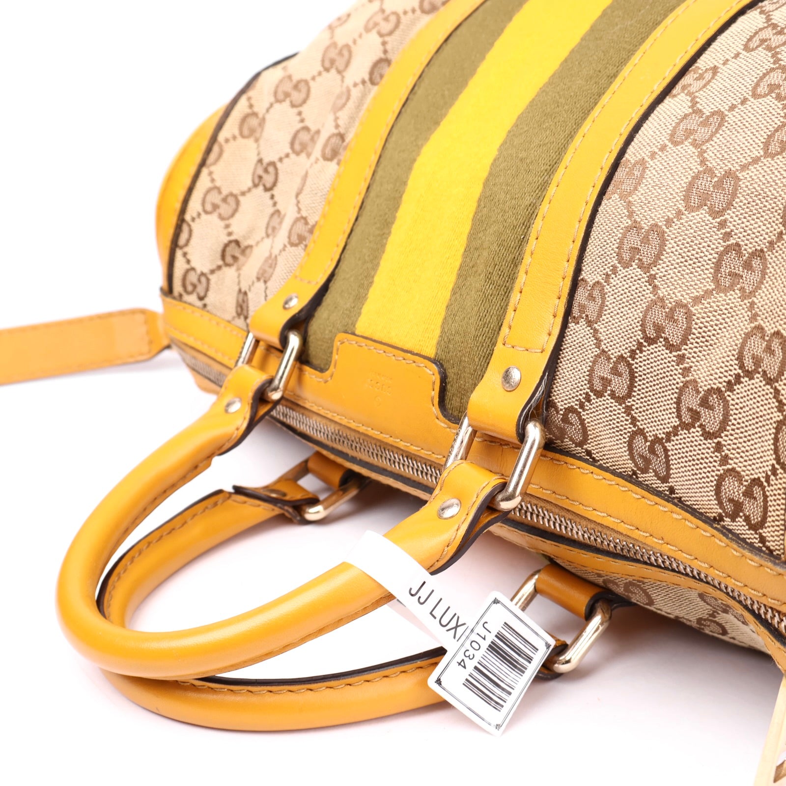 J1034 Gucci GG Canvas Sherry Line Boston Bag Beige Yellow- Pre Owned