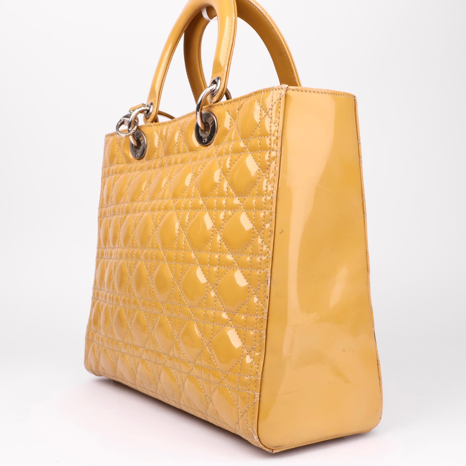 J1018 Christian Dior Lady Dior Medium Metallic Patent Yellow- Pre Owned