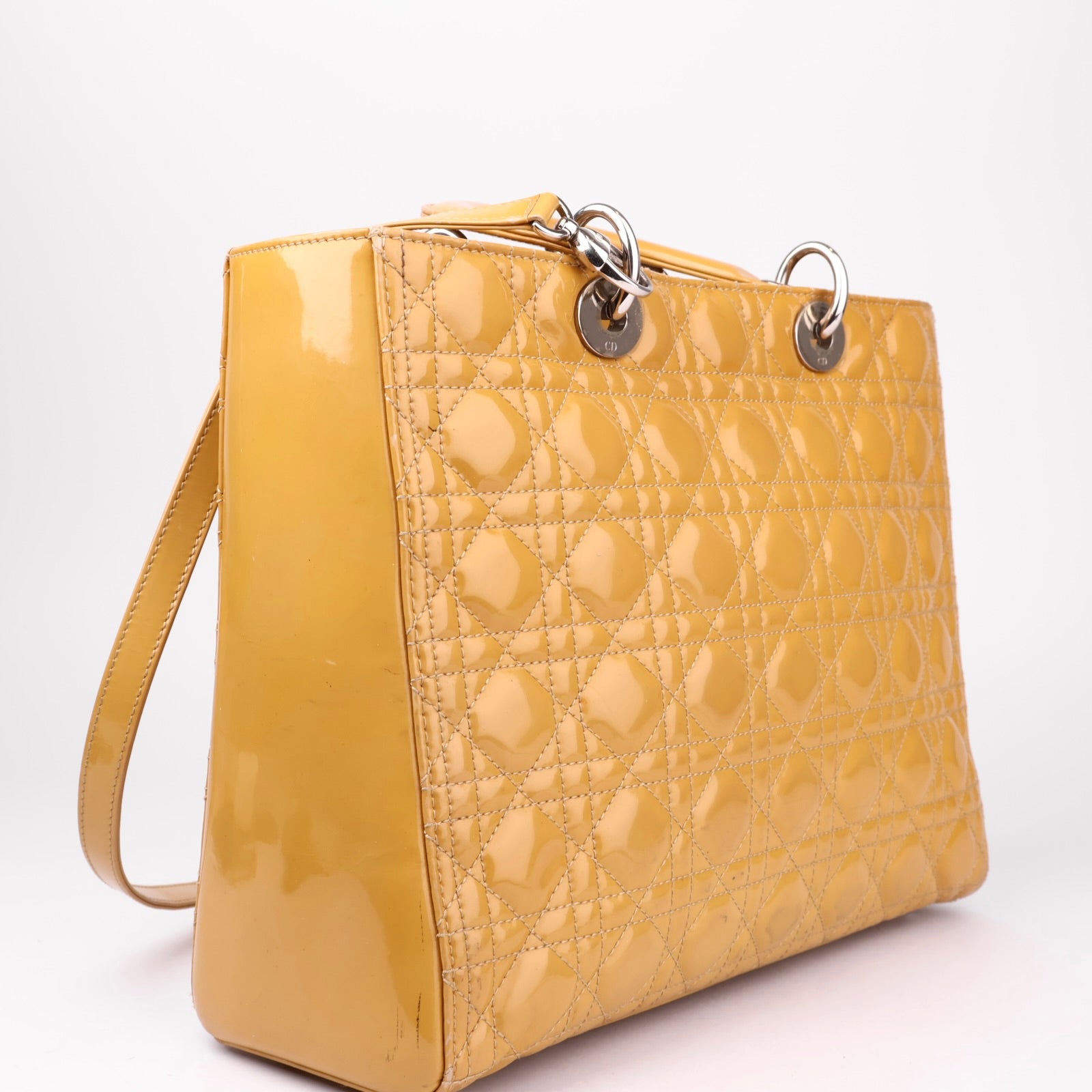 J1018 Christian Dior Lady Dior Medium Metallic Patent Yellow- Pre Owned