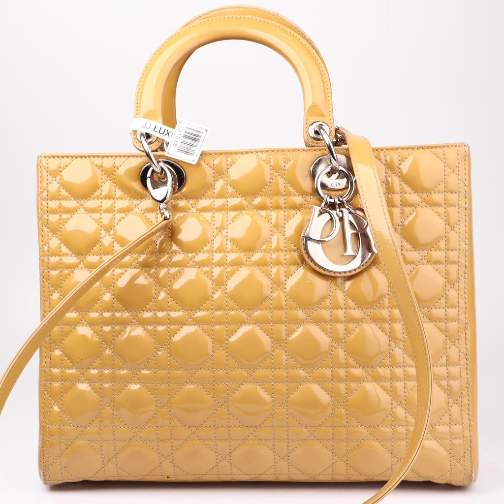 J1018 Christian Dior Lady Dior Medium Metallic Patent Yellow- Pre Owned