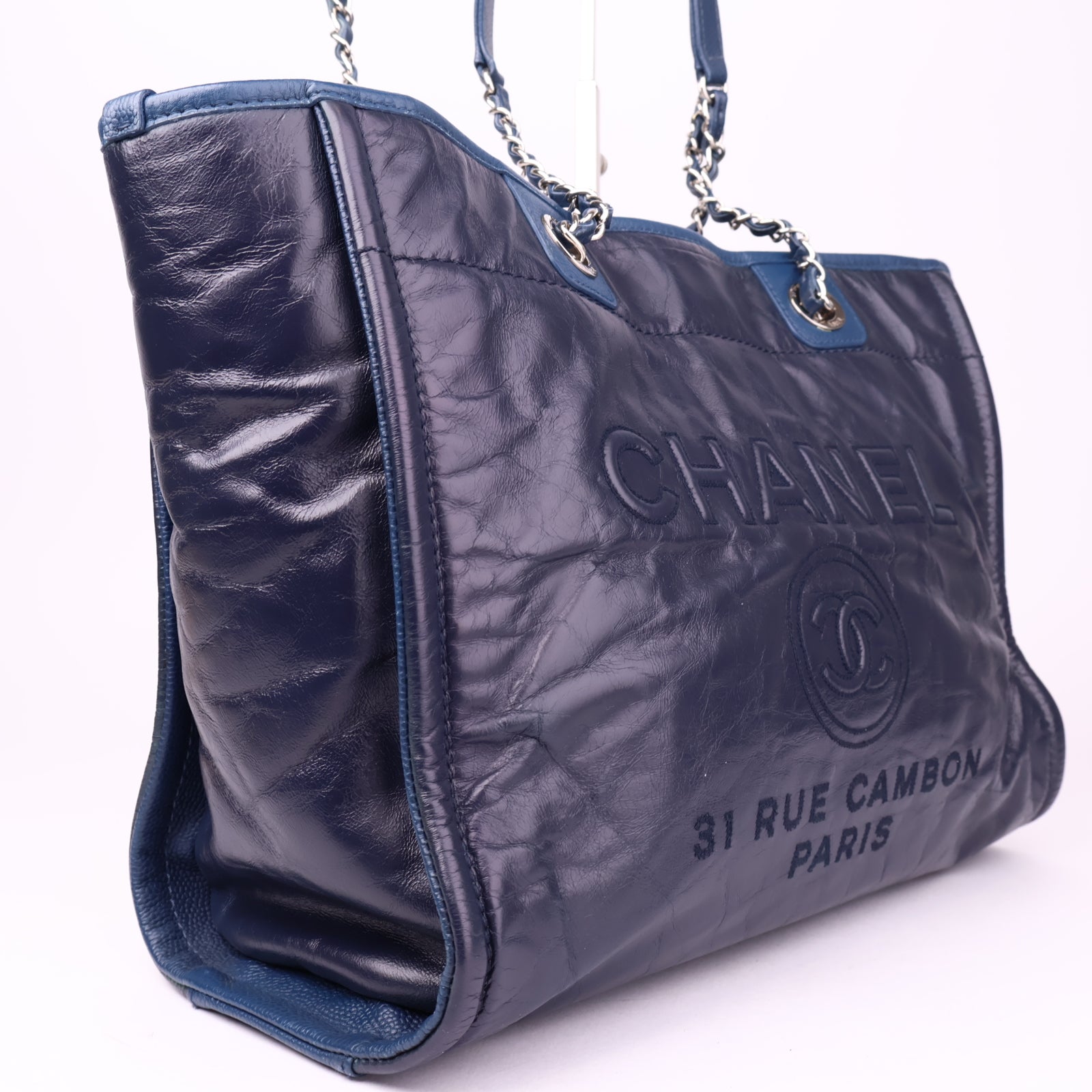 J1023 Chanel Deauville Large Navy Blue Leather Totes Bag- Pre Owned