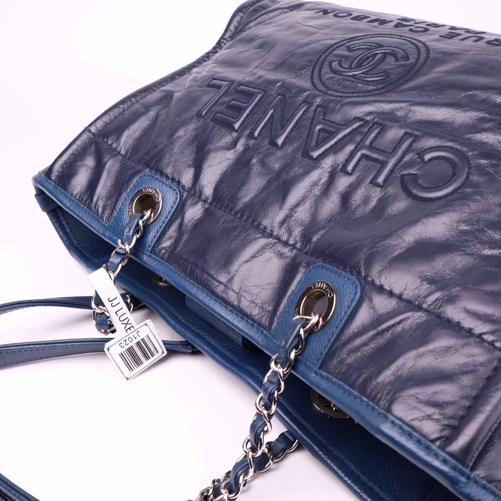 J1023 Chanel Deauville Large Navy Blue Leather Totes Bag- Pre Owned