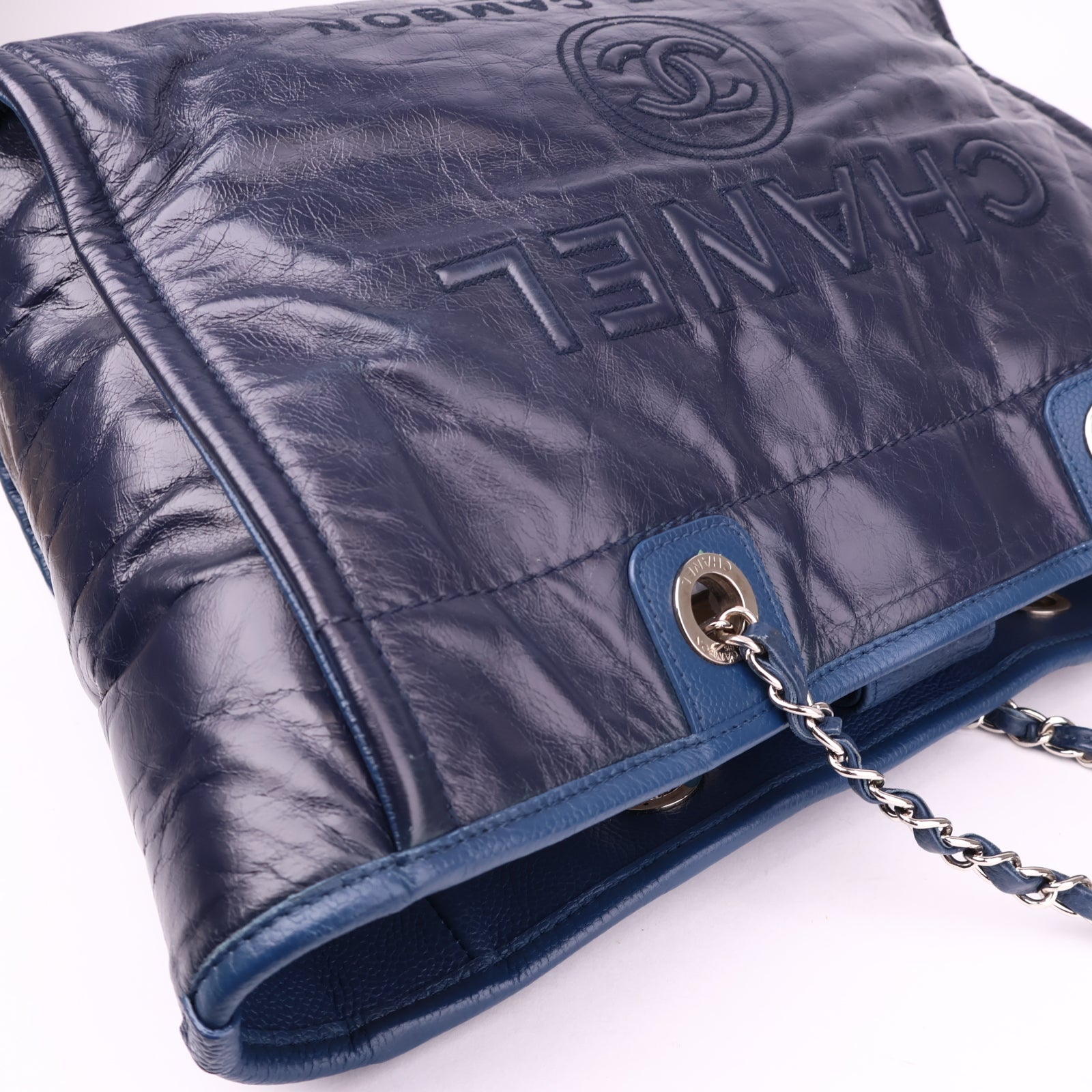 J1023 Chanel Deauville Large Navy Blue Leather Totes Bag- Pre Owned
