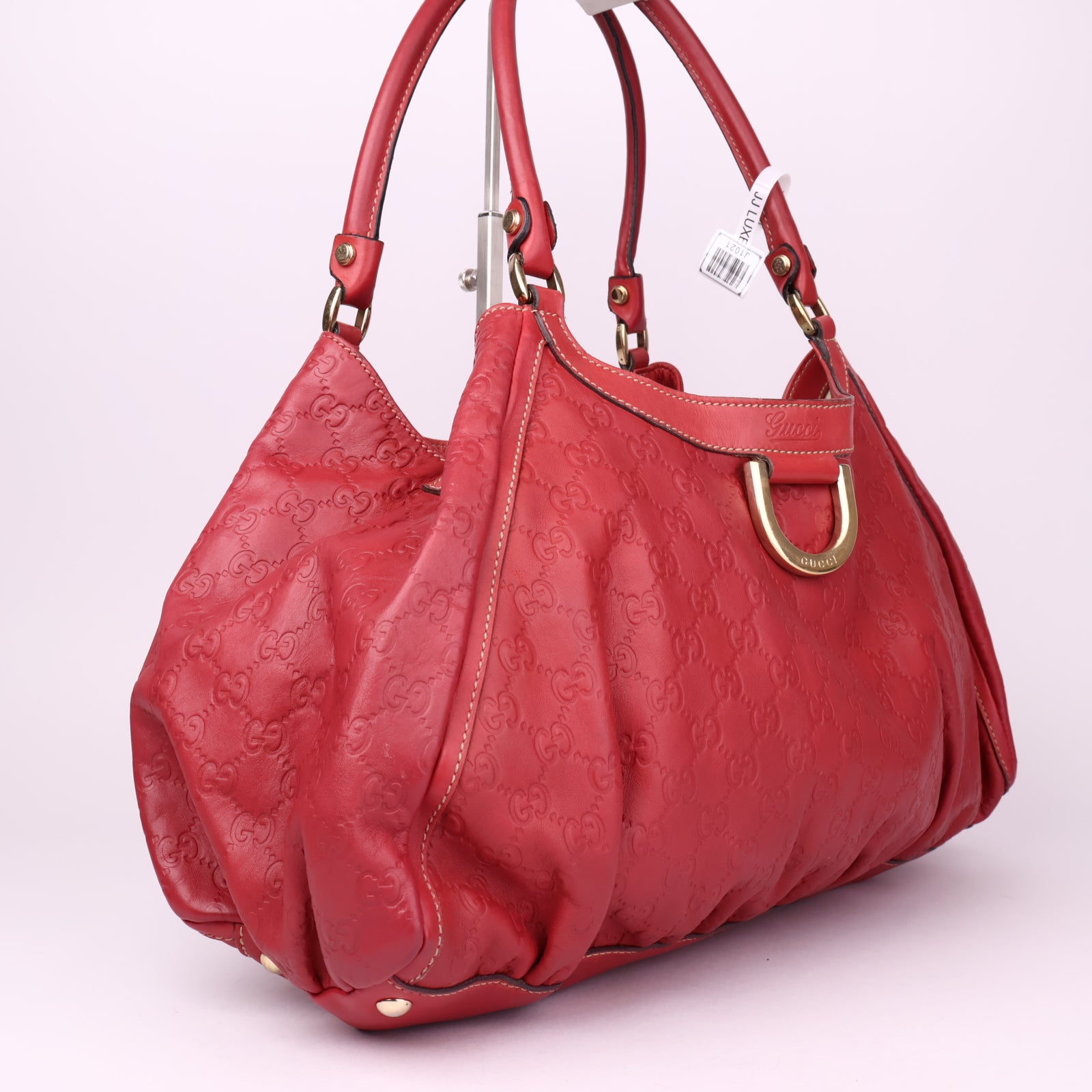 J1021 Gucci Red Guccissima Leather Large D-Ring Hobo Bag- Pre Owned