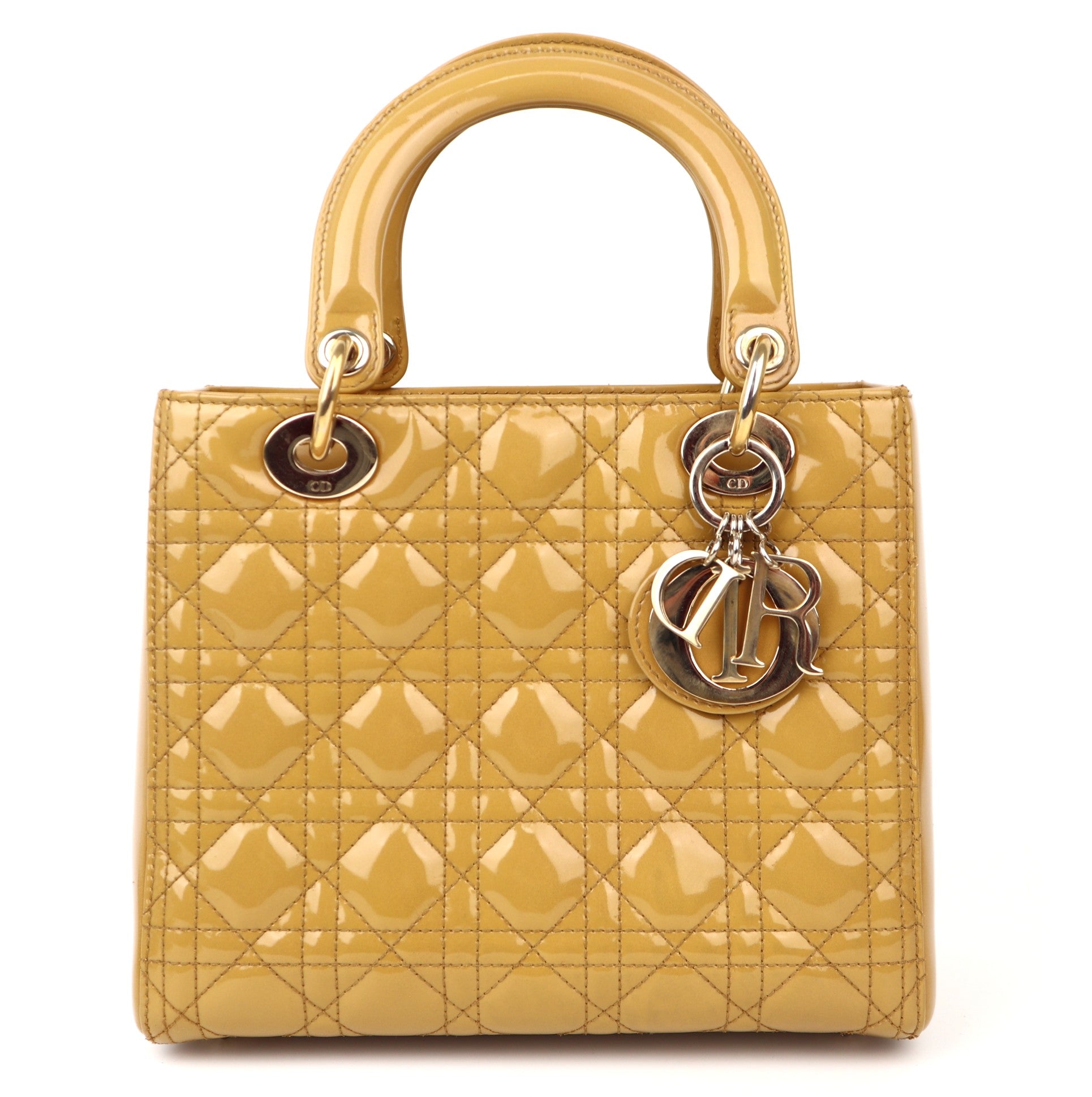 C1263  Christian Dior Lady Dior Medium Handbag in Yellow Patent Leather-Pre Owned