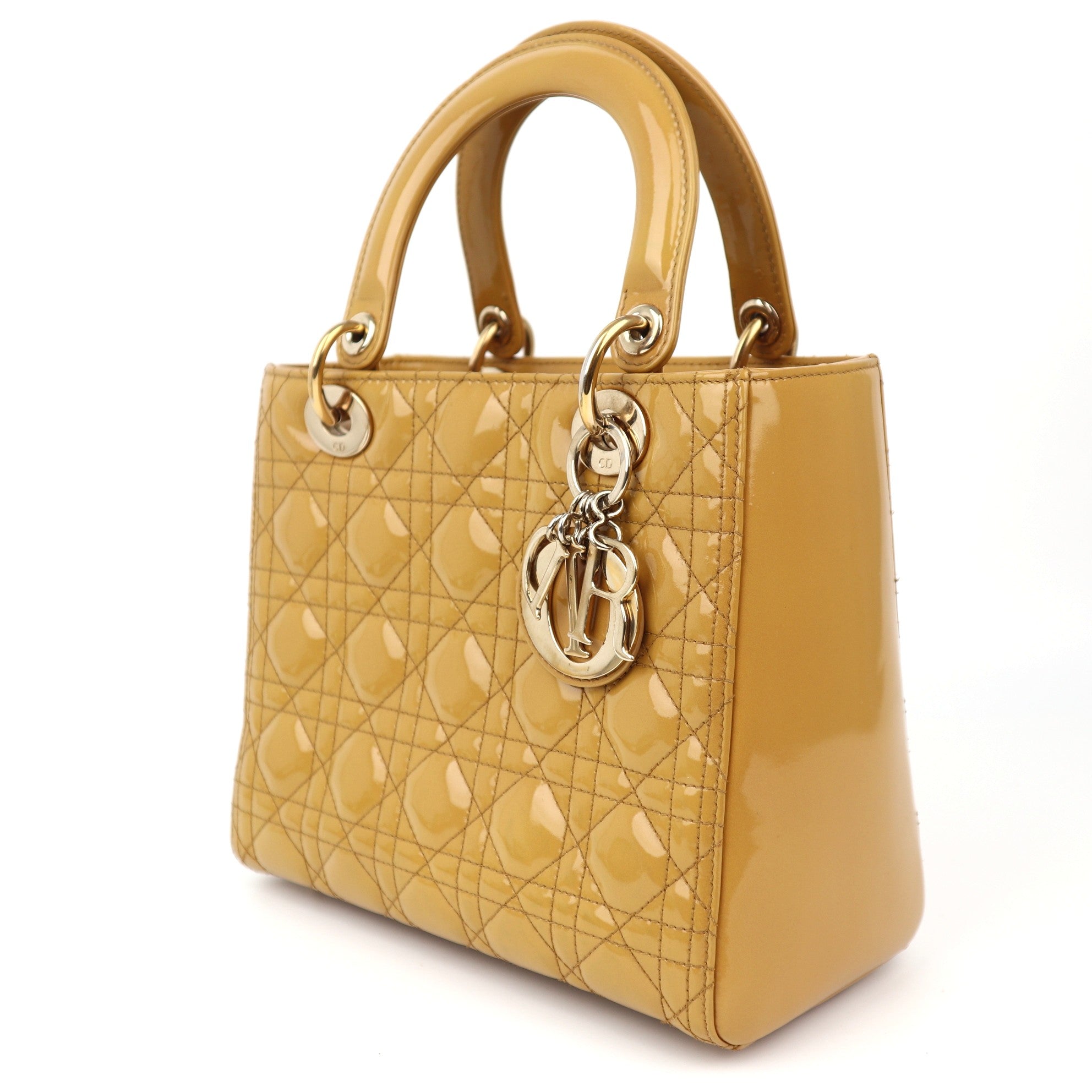 C1263  Christian Dior Lady Dior Medium Handbag in Yellow Patent Leather-Pre Owned
