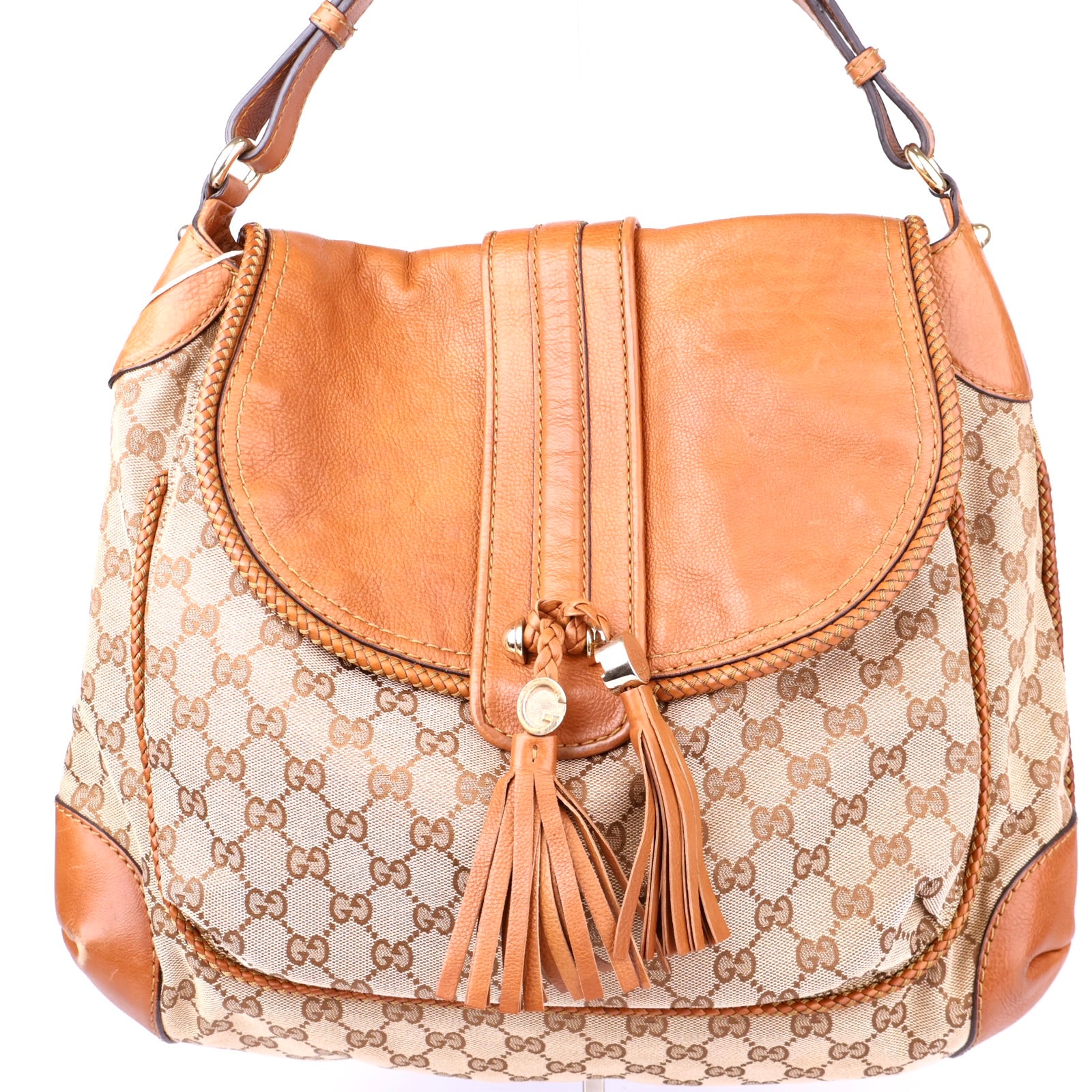 J3508 GUCCI Beige GG Canvas And Tan Leather Marrakech Flap Shoulder Bag- Pre Owned