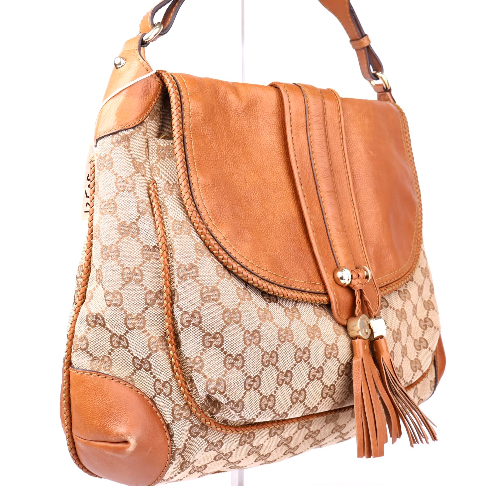 J3508 GUCCI Beige GG Canvas And Tan Leather Marrakech Flap Shoulder Bag- Pre Owned