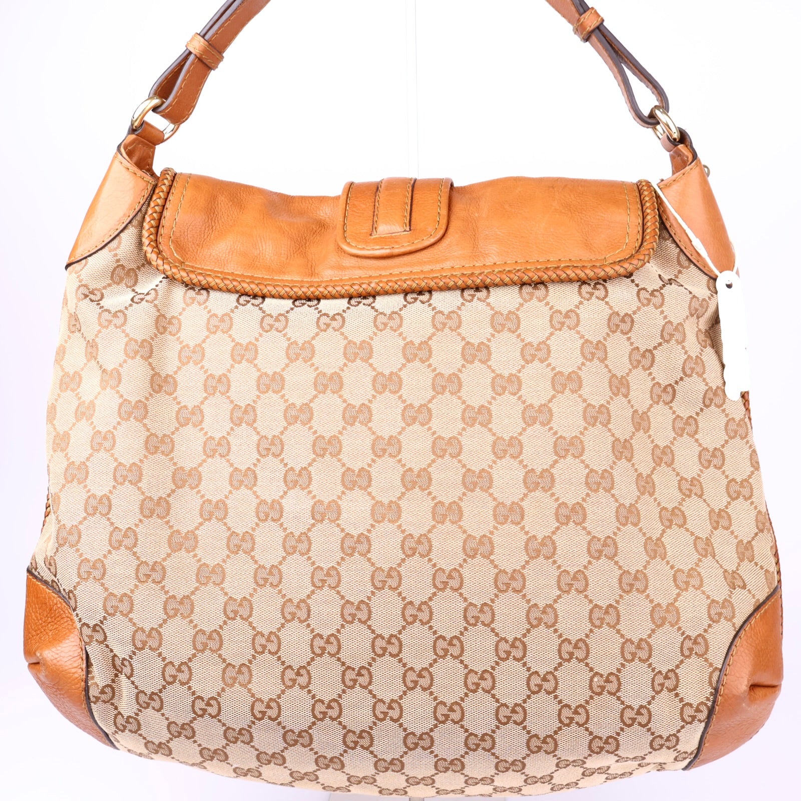 J3508 GUCCI Beige GG Canvas And Tan Leather Marrakech Flap Shoulder Bag- Pre Owned
