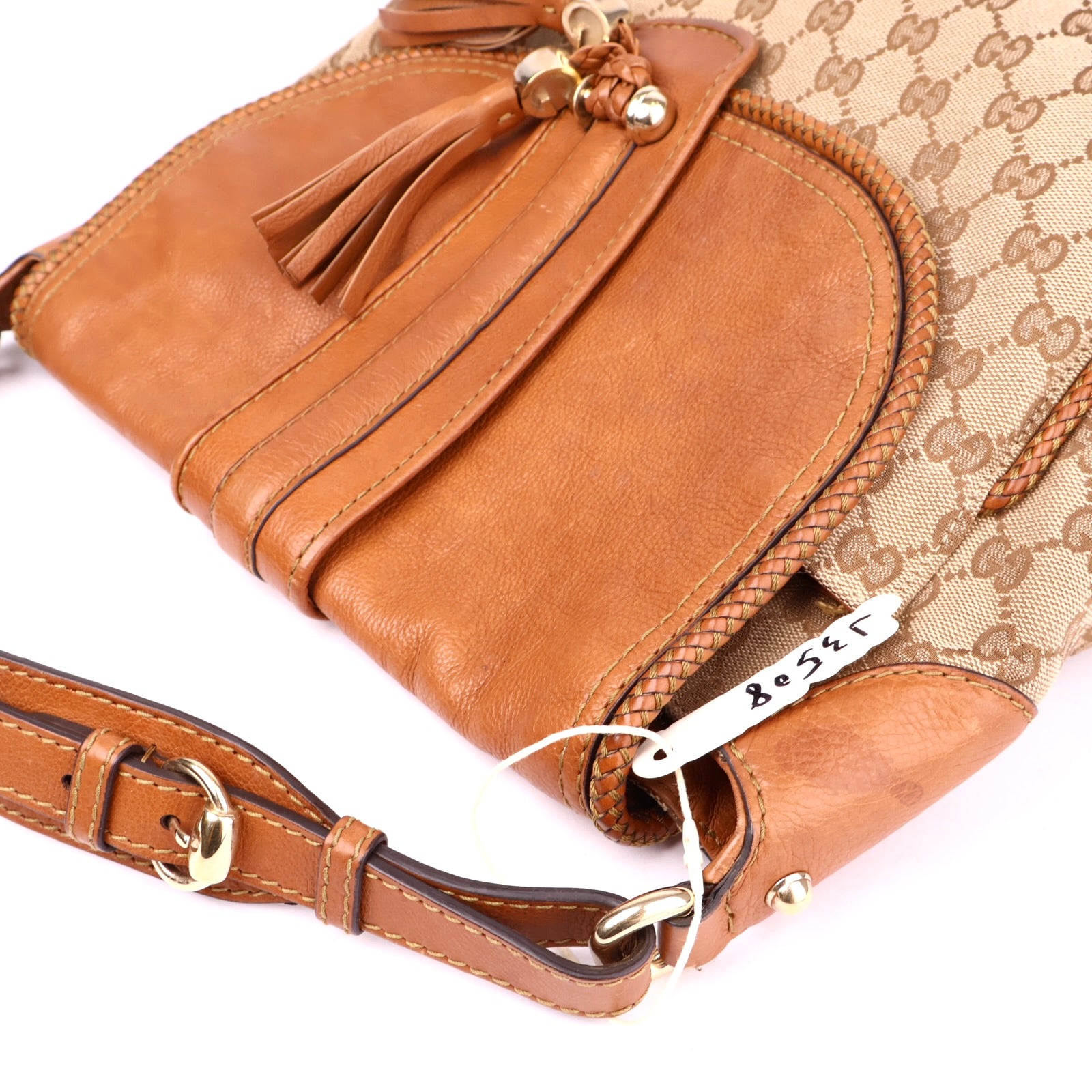 J3508 GUCCI Beige GG Canvas And Tan Leather Marrakech Flap Shoulder Bag- Pre Owned