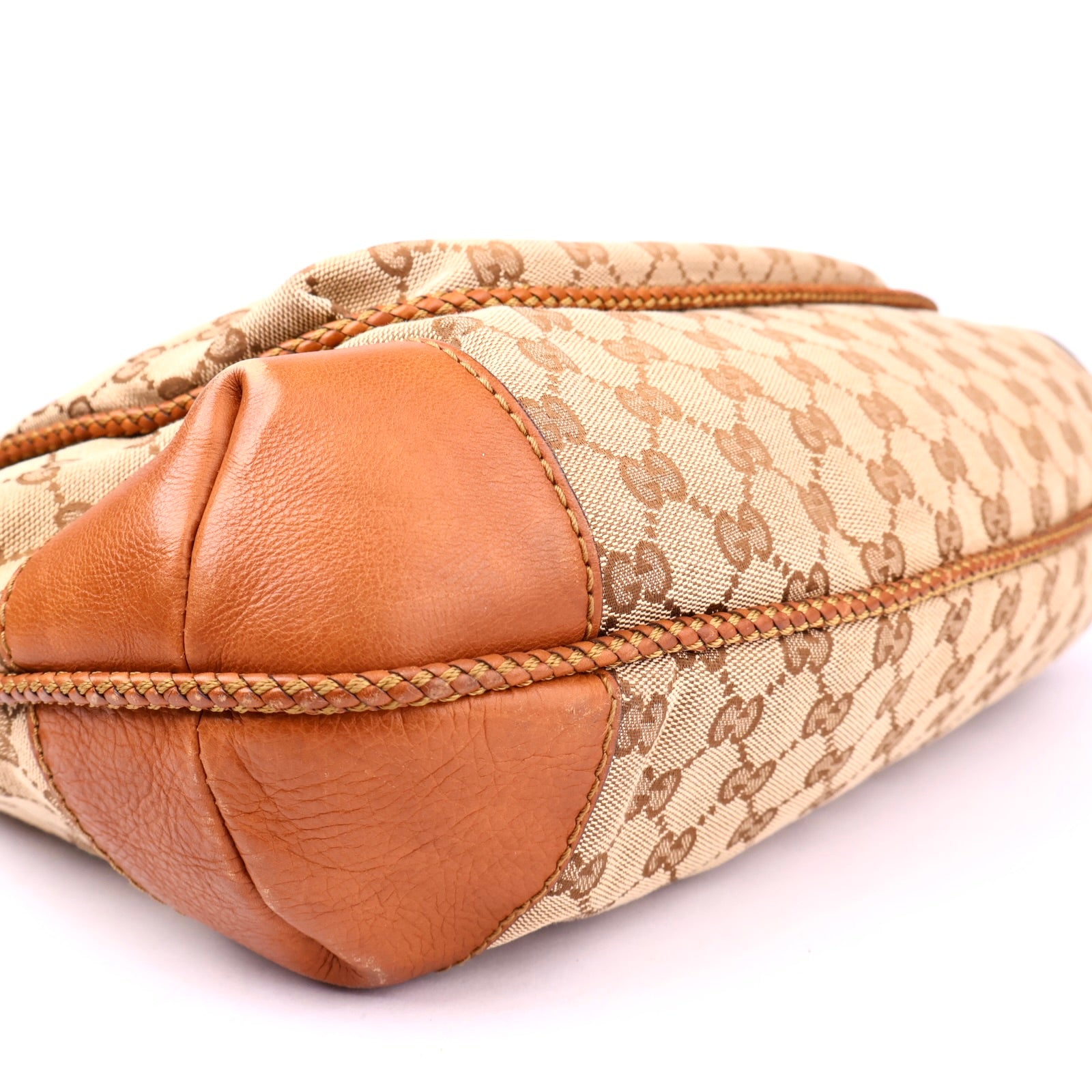 J3508 GUCCI Beige GG Canvas And Tan Leather Marrakech Flap Shoulder Bag- Pre Owned