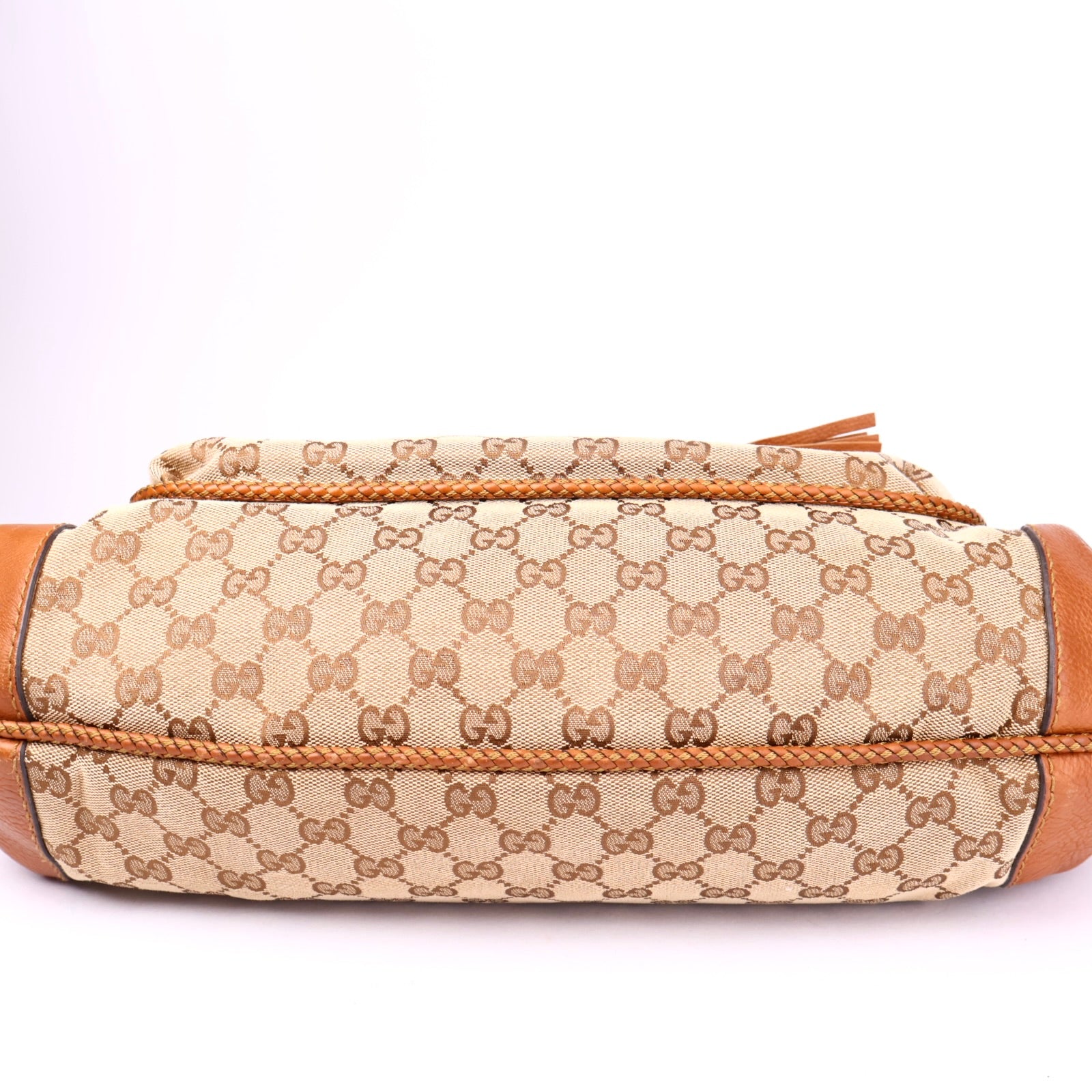 J3508 GUCCI Beige GG Canvas And Tan Leather Marrakech Flap Shoulder Bag- Pre Owned