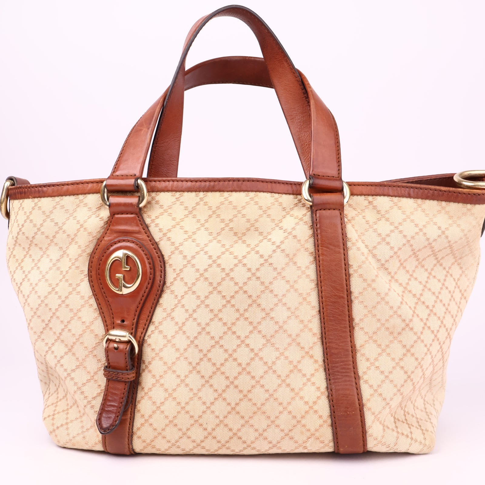 J3509 Gucci Brown Diamante Canvas Satchel Beige Leather- Pre Owned