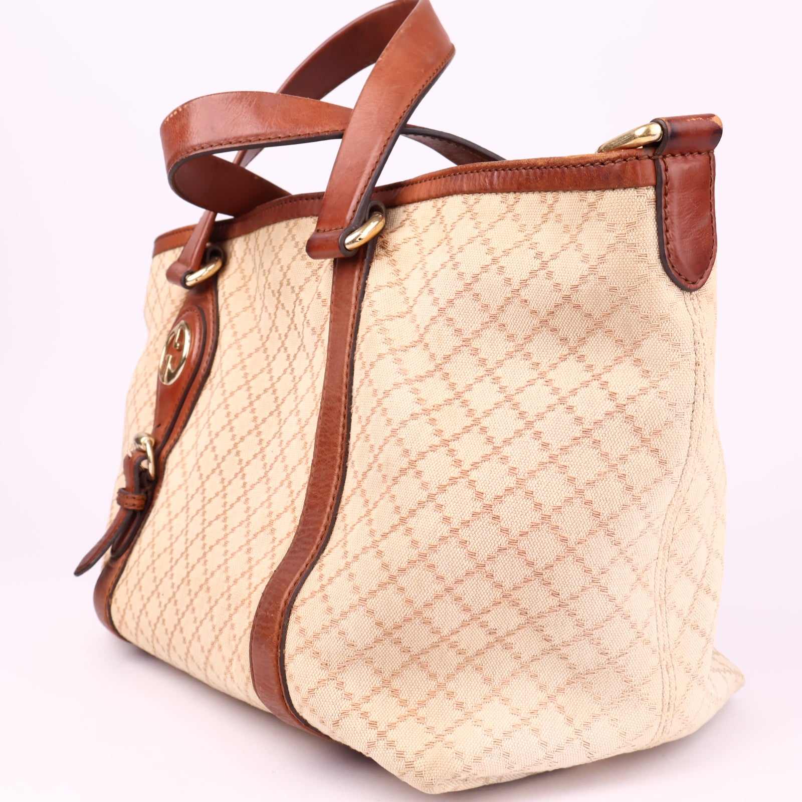 J3509 Gucci Brown Diamante Canvas Satchel Beige Leather- Pre Owned