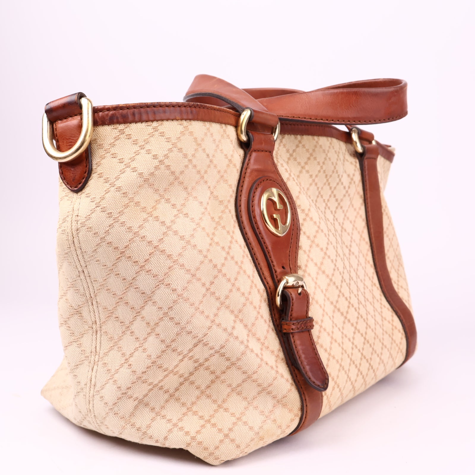 J3509 Gucci Brown Diamante Canvas Satchel Beige Leather- Pre Owned