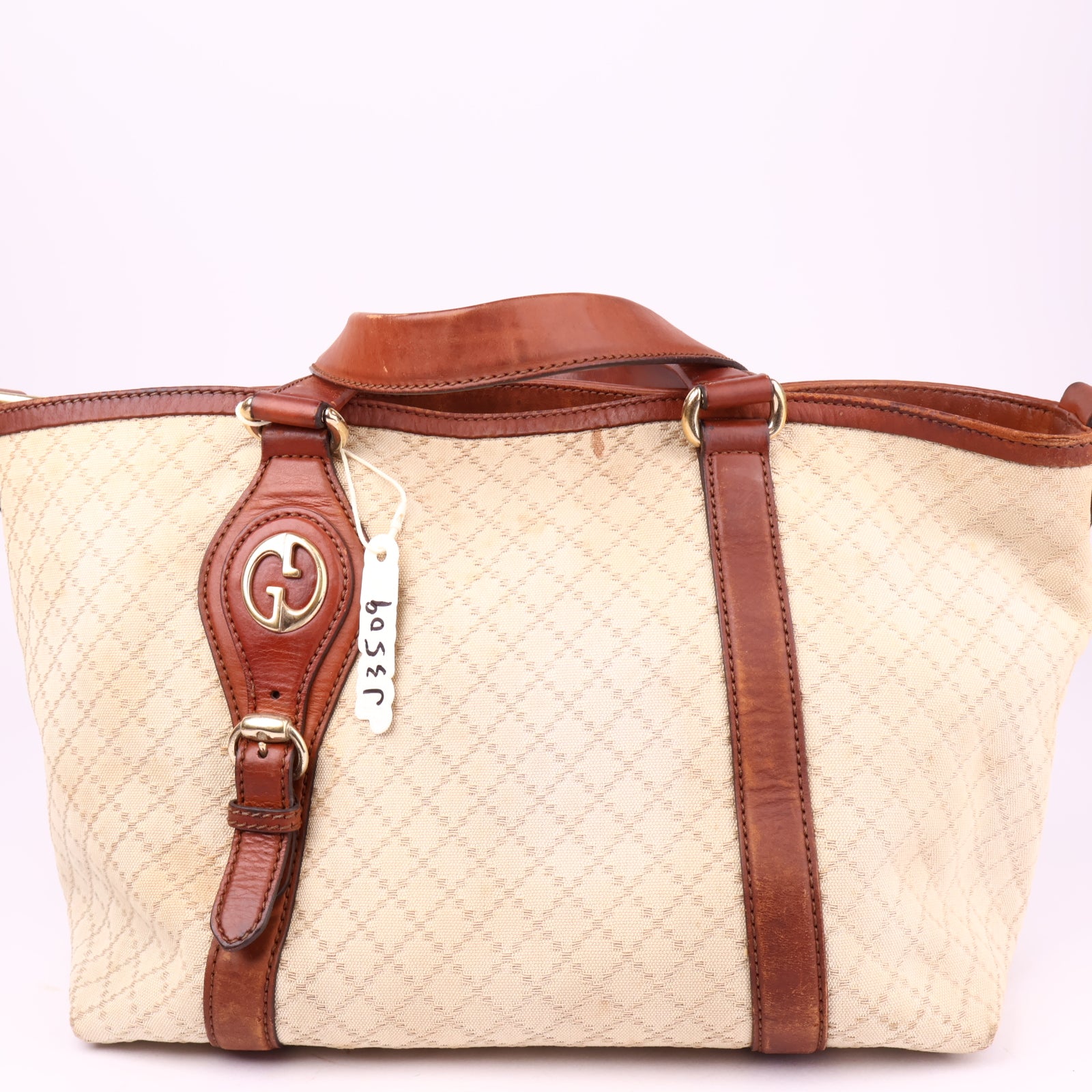 J3509 Gucci Brown Diamante Canvas Satchel Beige Leather- Pre Owned