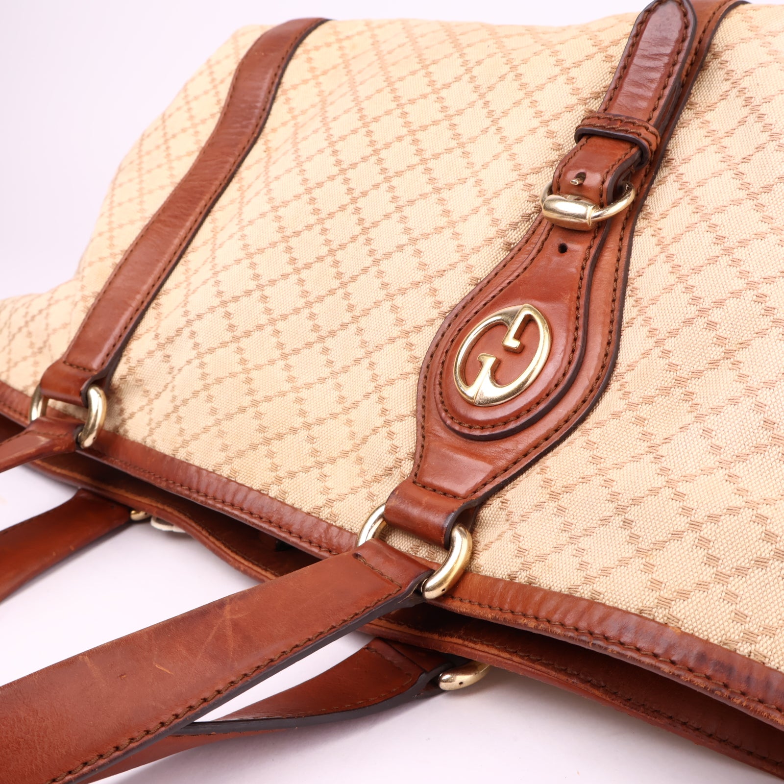 J3509 Gucci Brown Diamante Canvas Satchel Beige Leather- Pre Owned