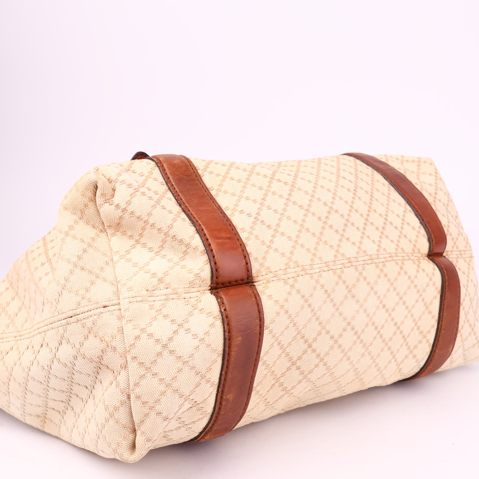J3509 Gucci Brown Diamante Canvas Satchel Beige Leather- Pre Owned