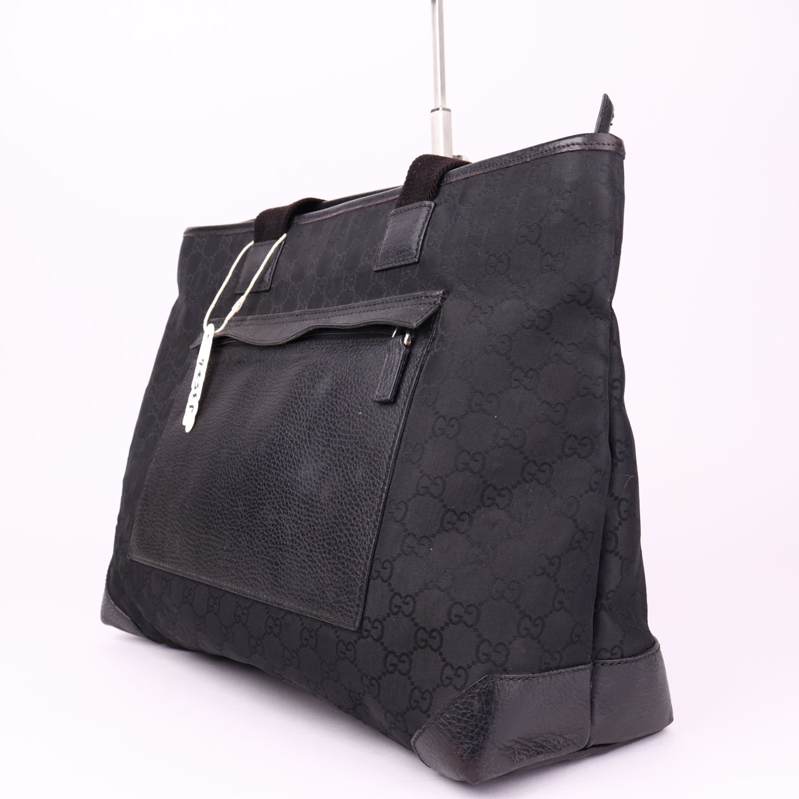 J3526 GUCCI GG Canvas Tote Bag Leather Black Silver- Pre Owned